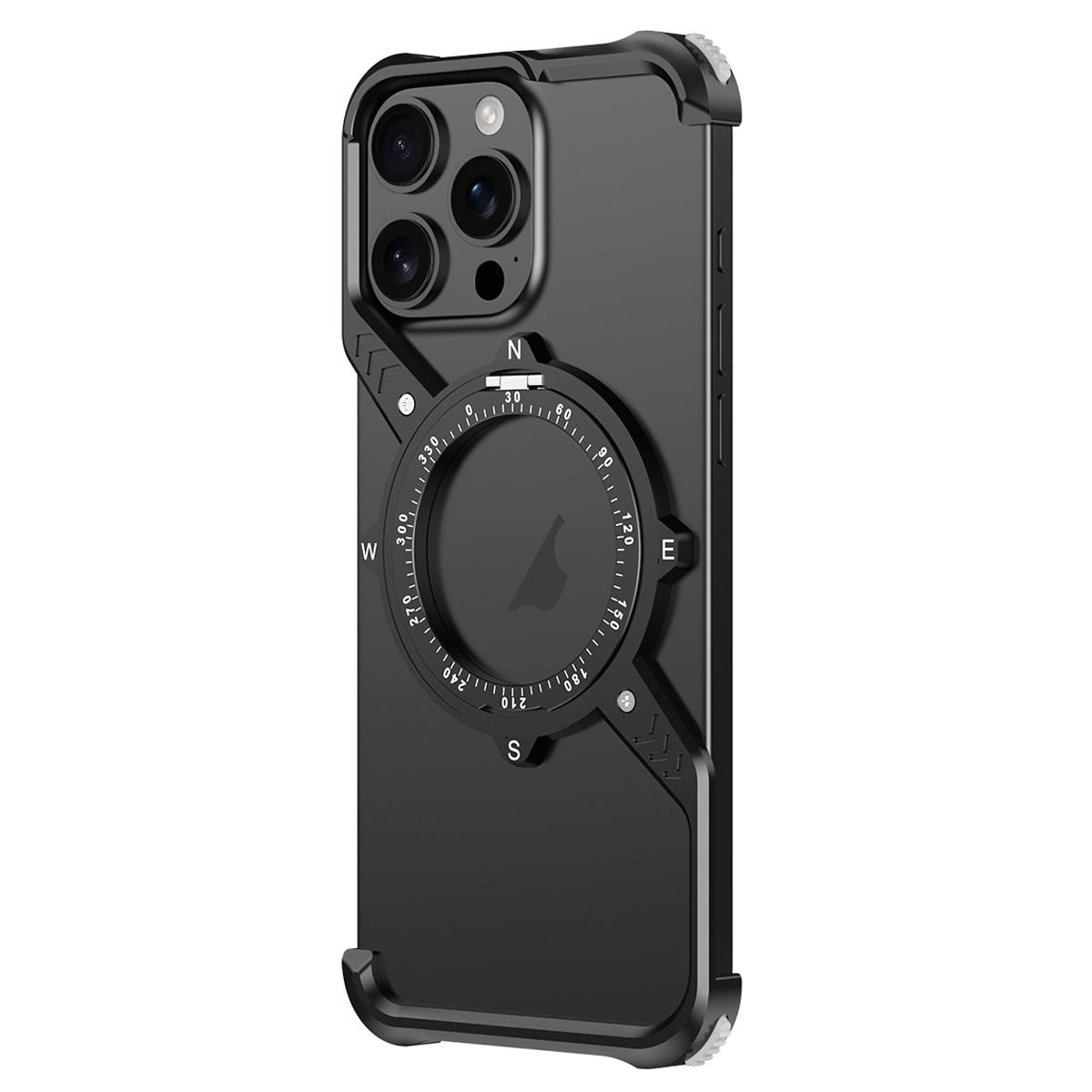 For iPhone 16 Pro Max S Shaped 360 Holder Airbag Frameless Metal Phone Case(Black) - Shopkiz.com