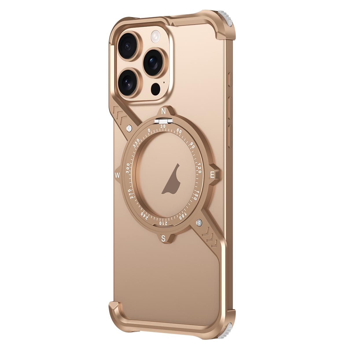 For iPhone 16 Pro Max S Shaped 360 Holder Airbag Frameless Metal Phone Case(Desert Gold) - Shopkiz.com