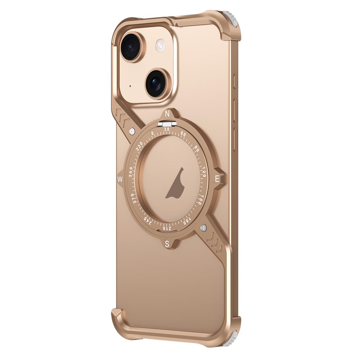 For iPhone 15 S Shaped 360 Holder Airbag Frameless Metal Phone Case(Desert Gold) - Shopkiz.com