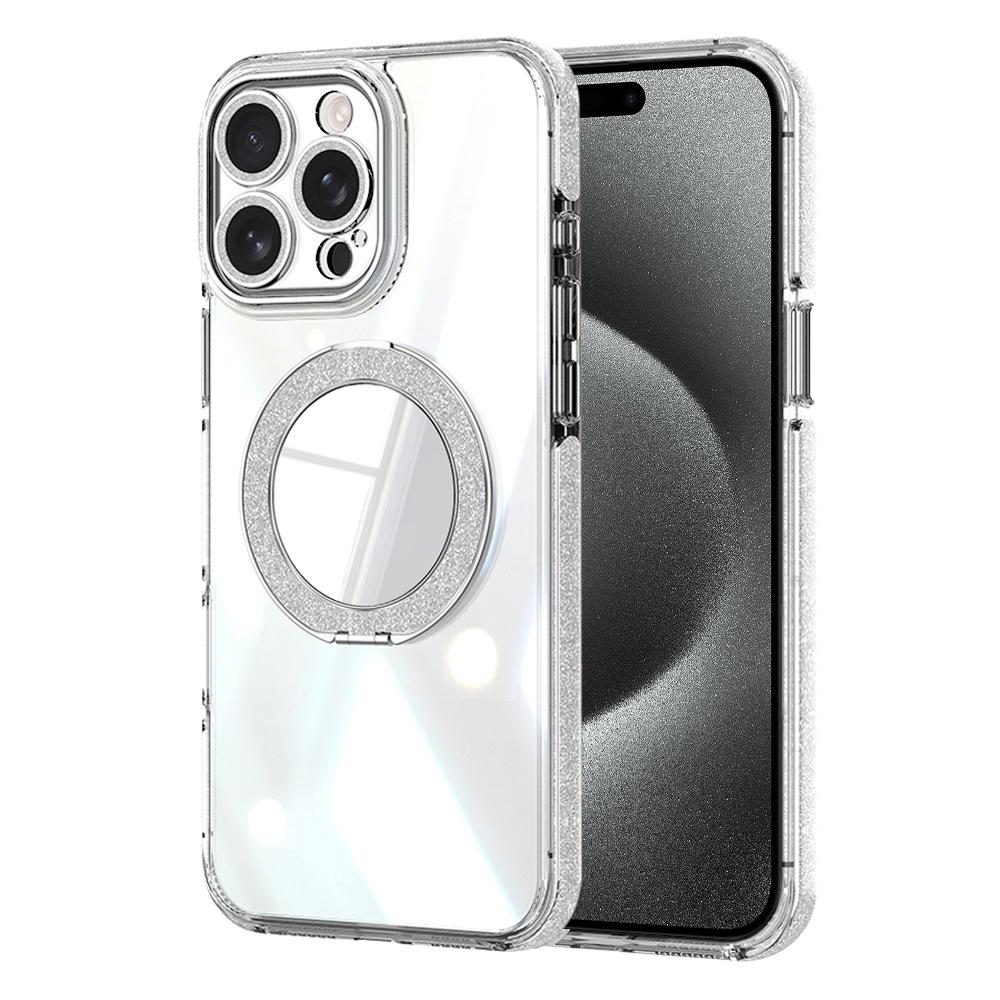 For iPhone 15 Pro Max Transparent Glitter Mirror Rotating Holder Phone Case(Silver) - Shopkiz.com