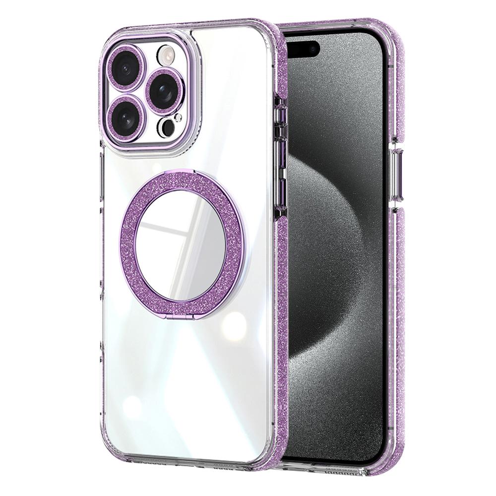 For iPhone 15 Pro Max Transparent Glitter Mirror Rotating Holder Phone Case(Purple) - Shopkiz.com