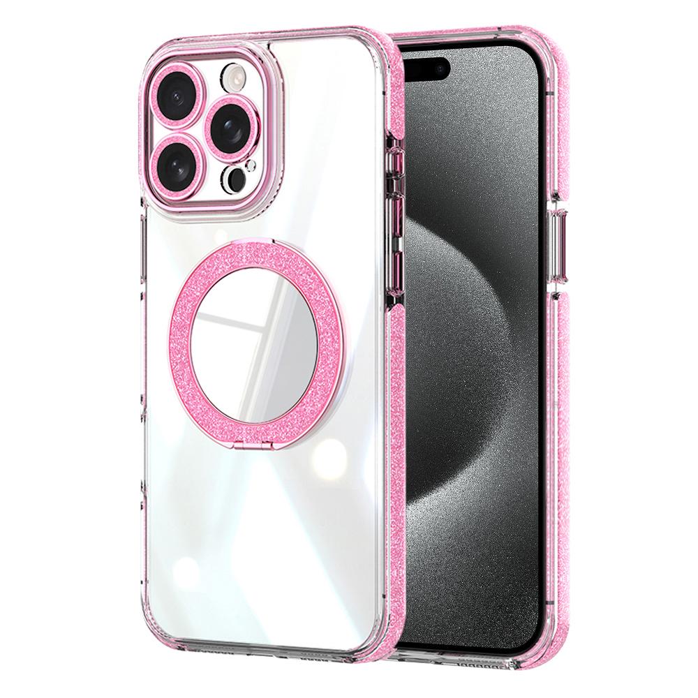 For iPhone 15 Pro Max Transparent Glitter Mirror Rotating Holder Phone Case(Pink) - Shopkiz.com