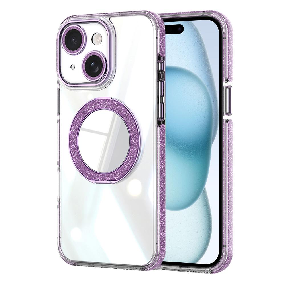 For iPhone 15 Transparent Glitter Mirror Rotating Holder Phone Case(Purple) - Shopkiz.com