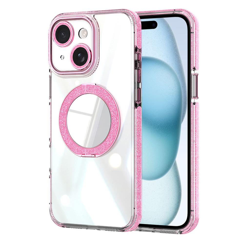 For iPhone 15 Transparent Glitter Mirror Rotating Holder Phone Case(Pink) - Shopkiz.com