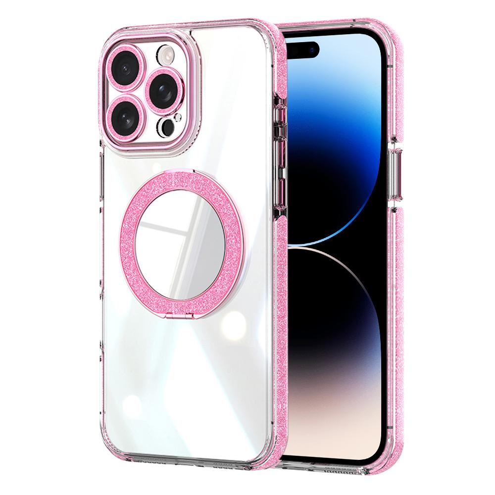 For iPhone 14 Pro Transparent Glitter Mirror Rotating Holder Phone Case(Pink) - Shopkiz.com