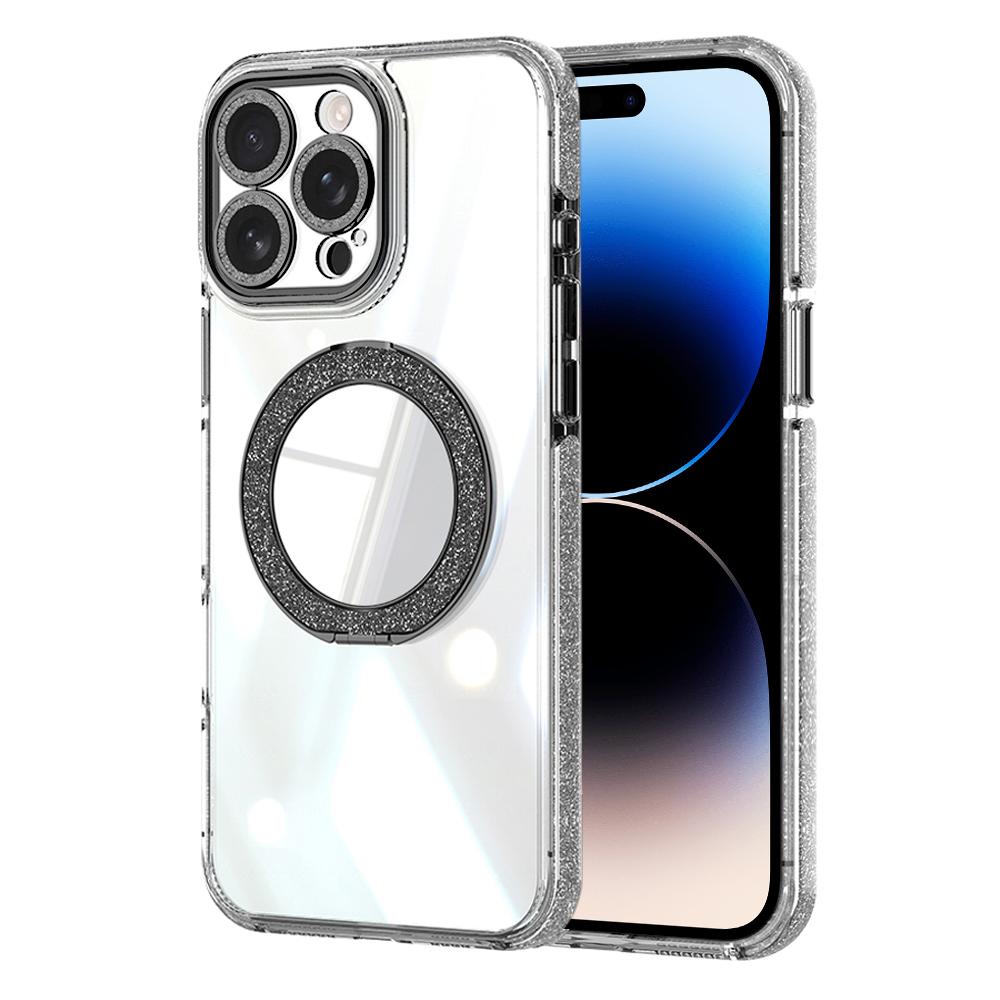 For iPhone 14 Pro Max Transparent Glitter Mirror Rotating Holder Phone Case(Black) - Shopkiz.com