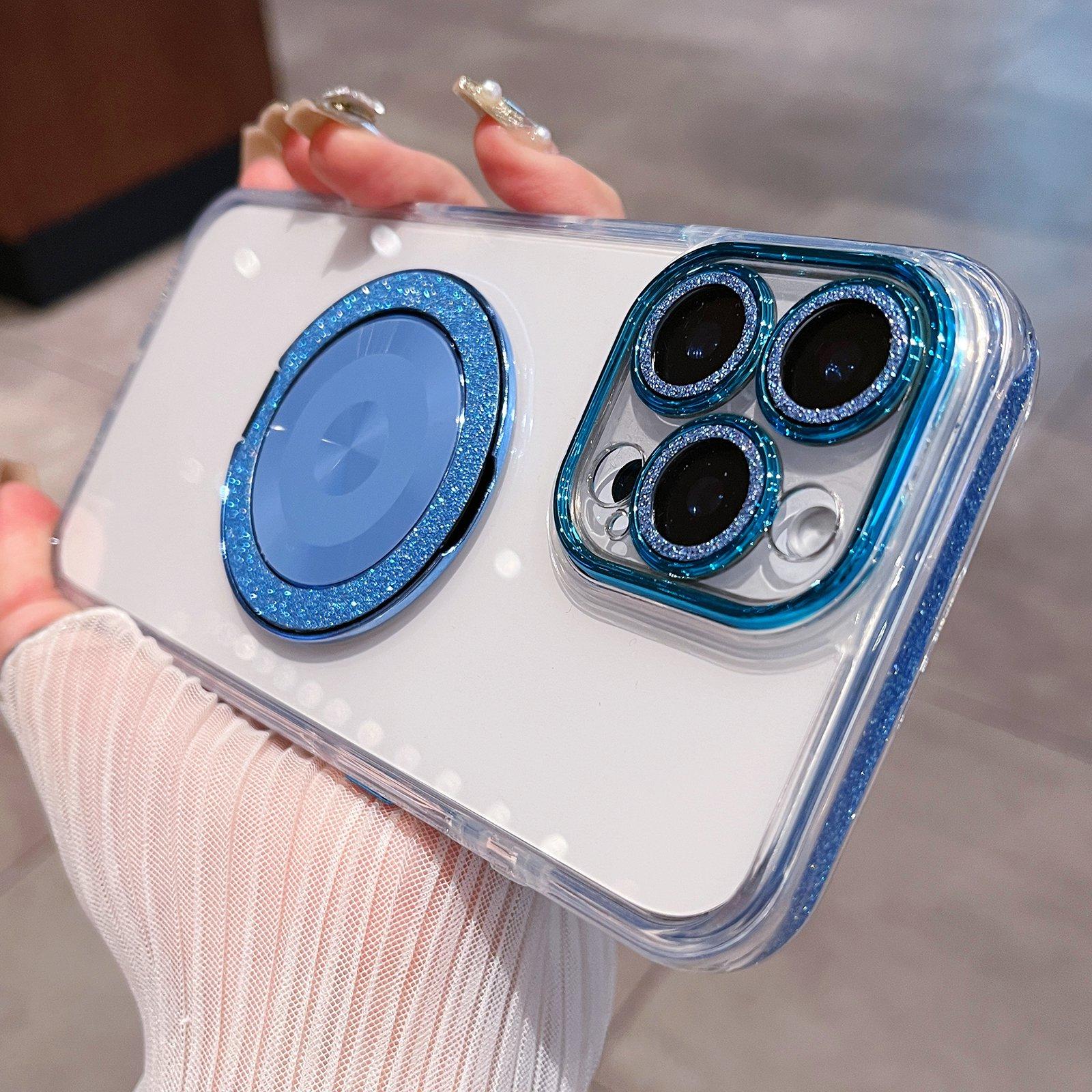 For iPhone 15 Pro Max Transparent Glitter CD Texture Rotating Holder Phone Case(Blue) - Shopkiz.com
