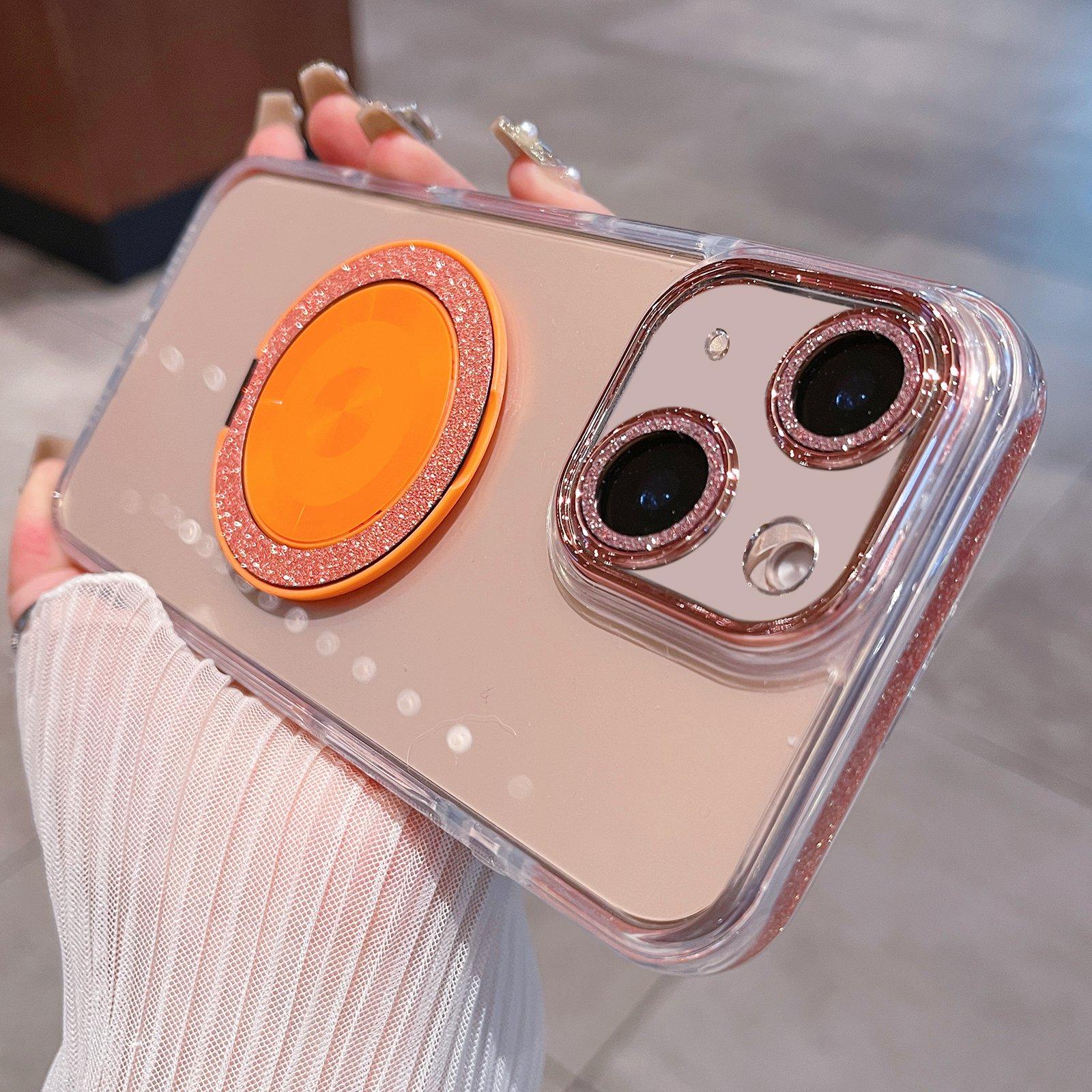 For iPhone 15 Transparent Glitter CD Texture Rotating Holder Phone Case(Orange) - Shopkiz.com