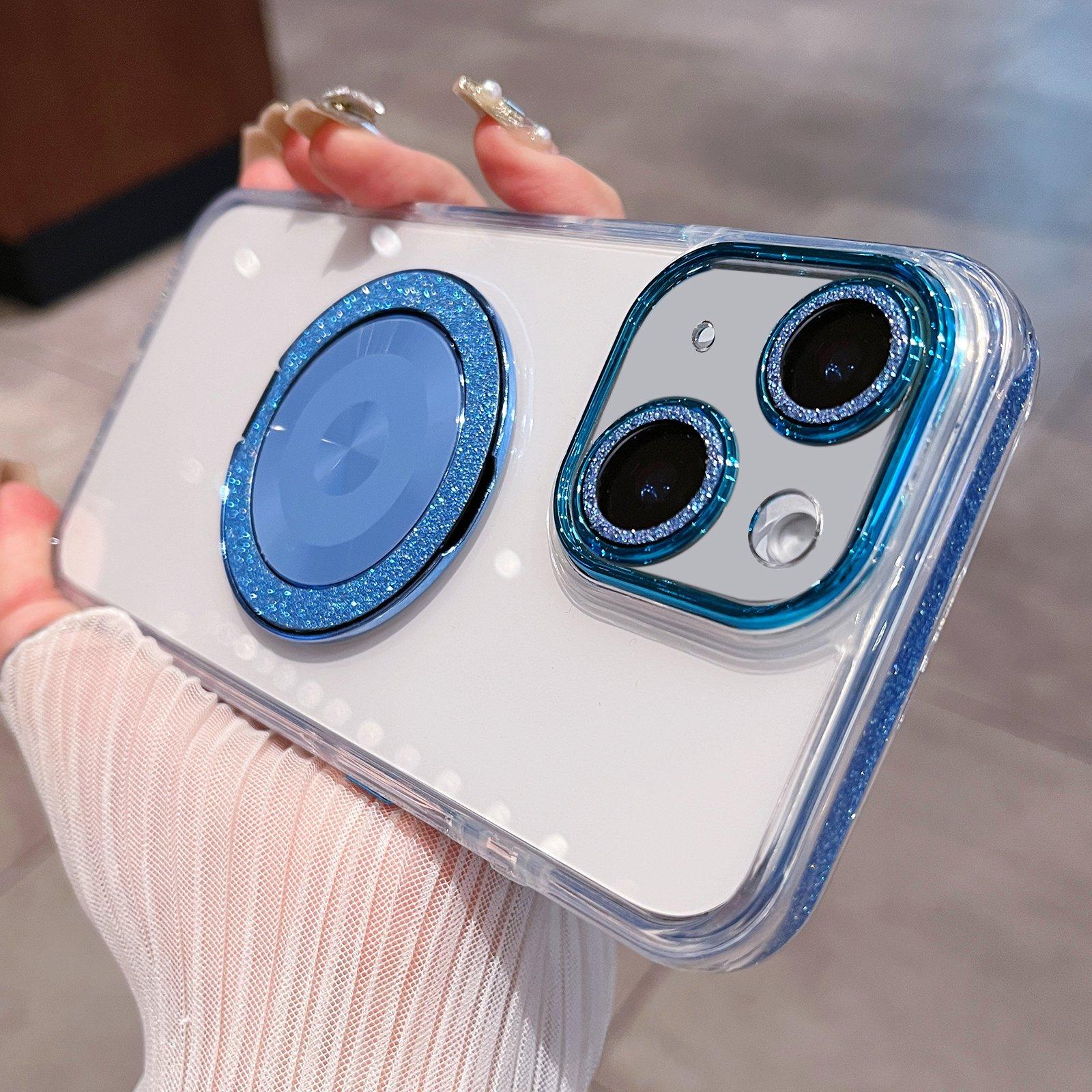 For iPhone 15 Transparent Glitter CD Texture Rotating Holder Phone Case(Blue) - Shopkiz.com
