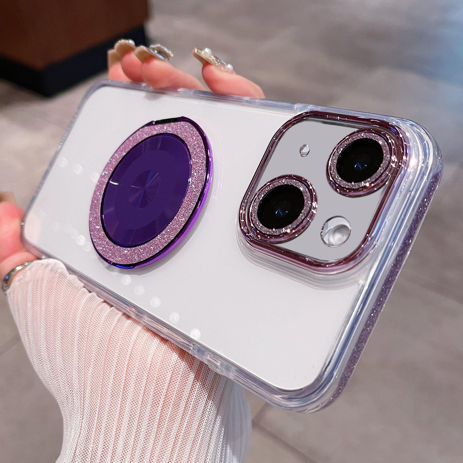For iPhone 14 Transparent Glitter CD Texture Rotating Holder Phone Case(Purple) - Shopkiz.com