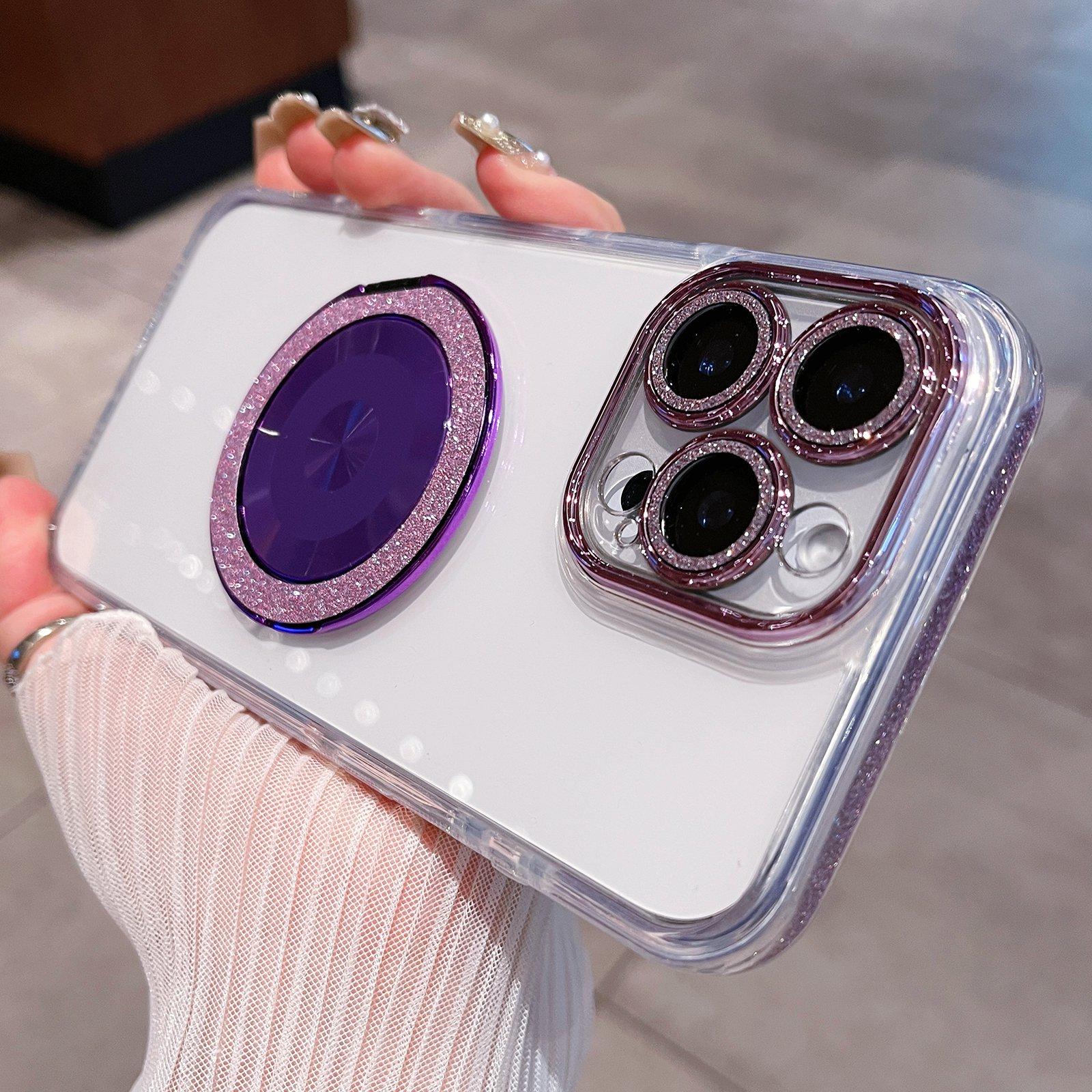 For iPhone 14 Pro Transparent Glitter CD Texture Rotating Holder Phone Case(Purple) - Shopkiz.com