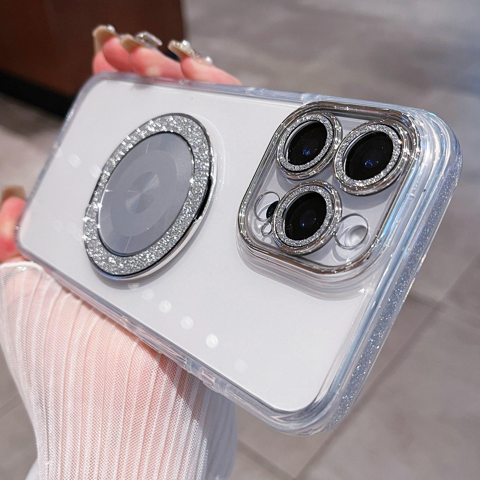 For iPhone 14 Pro Max Transparent Glitter CD Texture Rotating Holder Phone Case(Silver) - Shopkiz.com