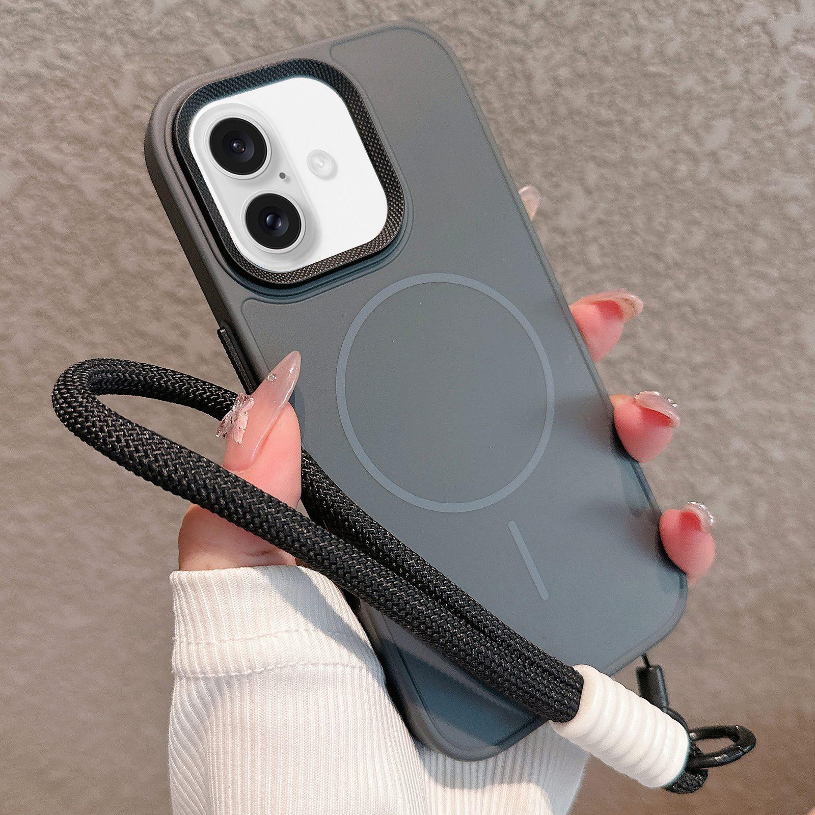 For iPhone 16 Plus Metal Diamond Texture Lens Frame MagSafe Phone Case with Lanyard(Black) - Shopkiz.com