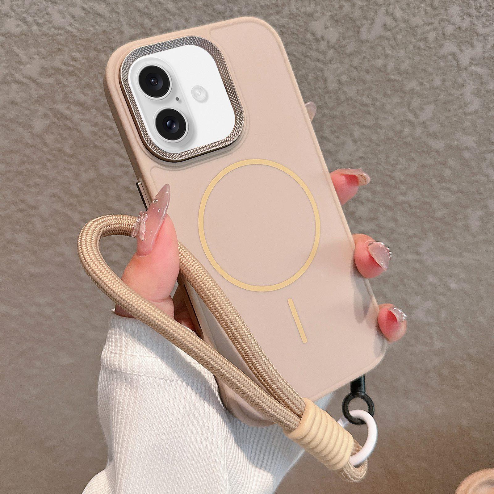 For iPhone 16 Plus Metal Diamond Texture Lens Frame MagSafe Phone Case with Lanyard(Khaki) - Shopkiz.com