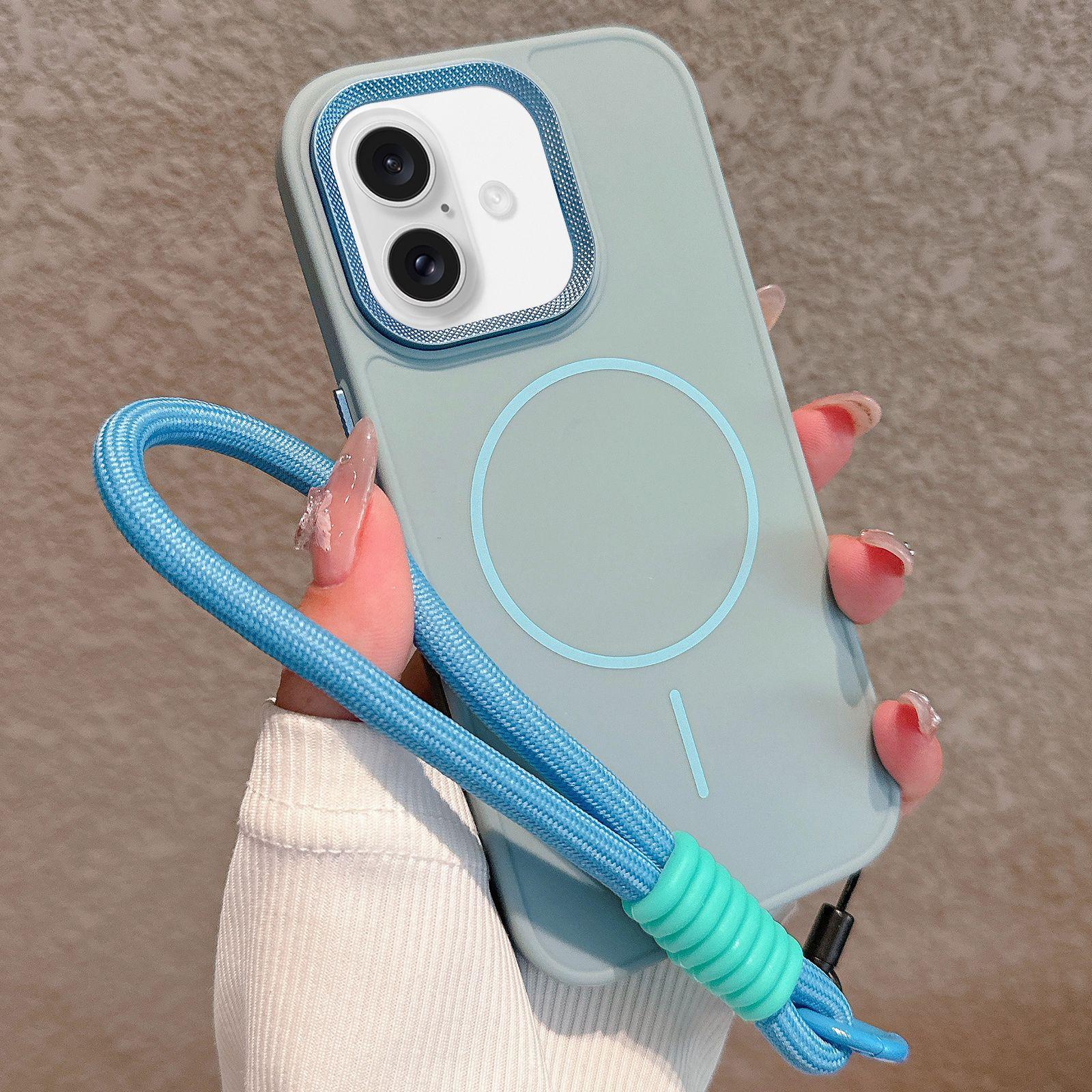 For iPhone 16 Plus Metal Diamond Texture Lens Frame MagSafe Phone Case with Lanyard(Blue) - Shopkiz.com