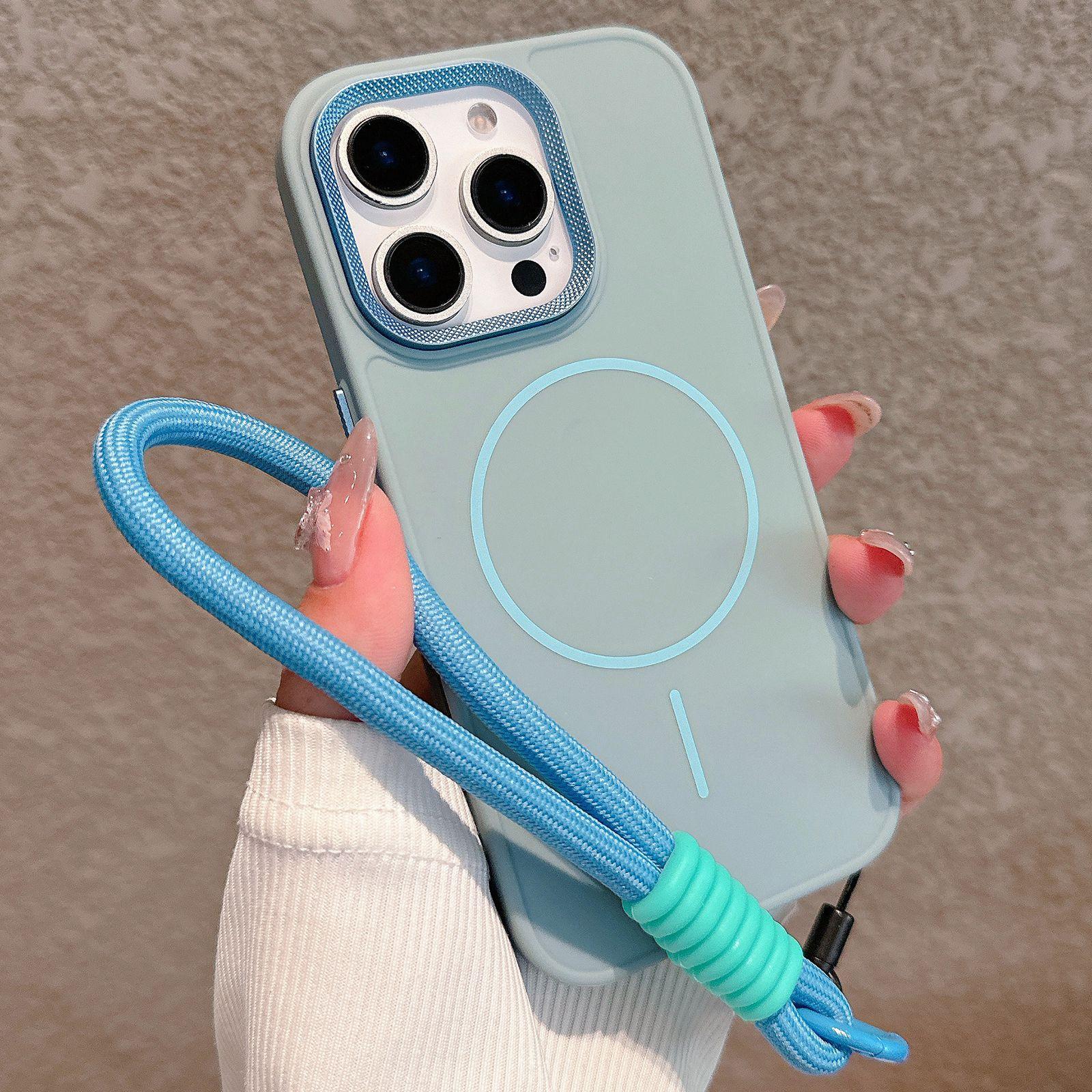 For iPhone 15 Pro Metal Diamond Texture Lens Frame MagSafe Phone Case with Lanyard(Blue) - Shopkiz.com