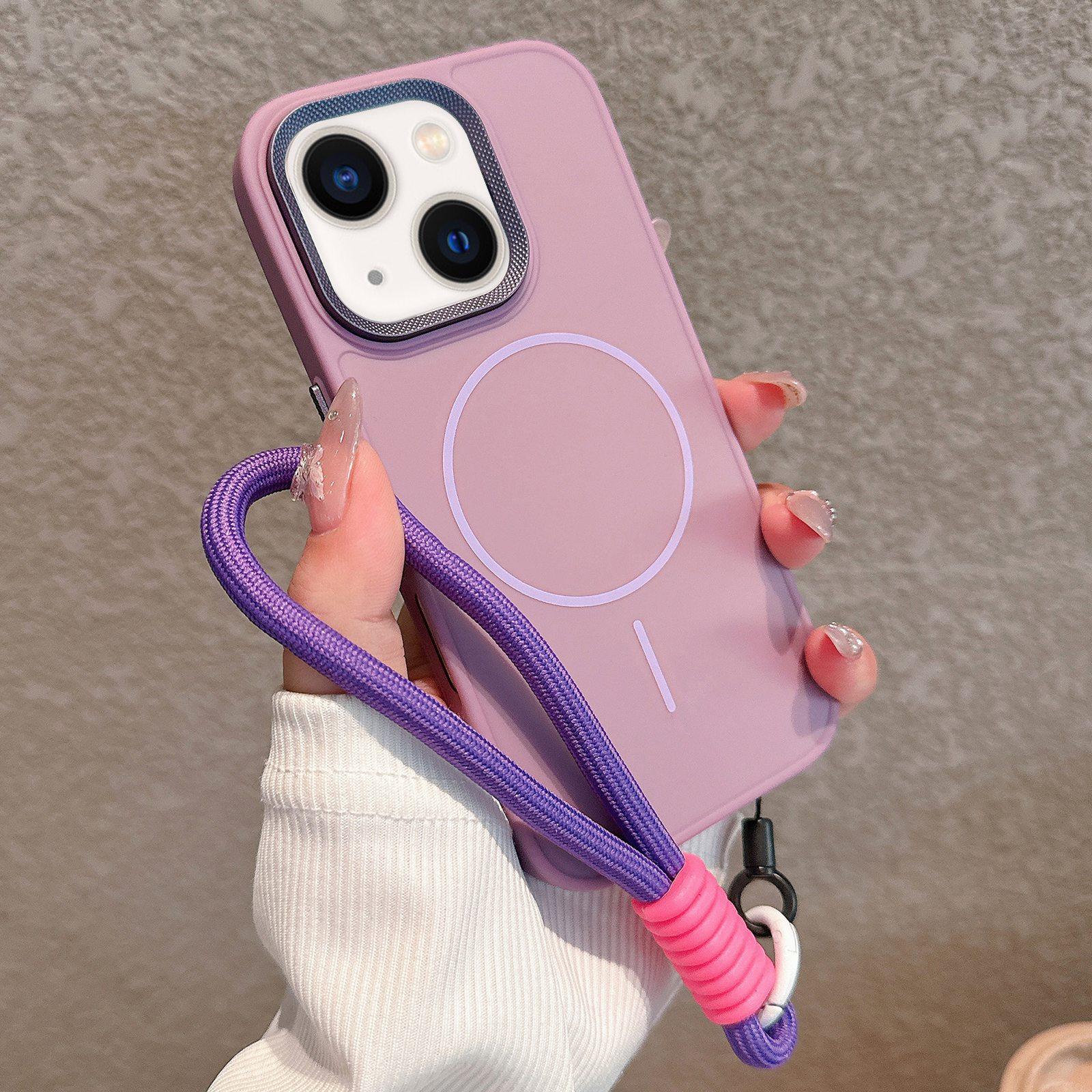 For iPhone 14 Metal Diamond Texture Lens Frame MagSafe Phone Case with Lanyard(Purple) - Shopkiz.com