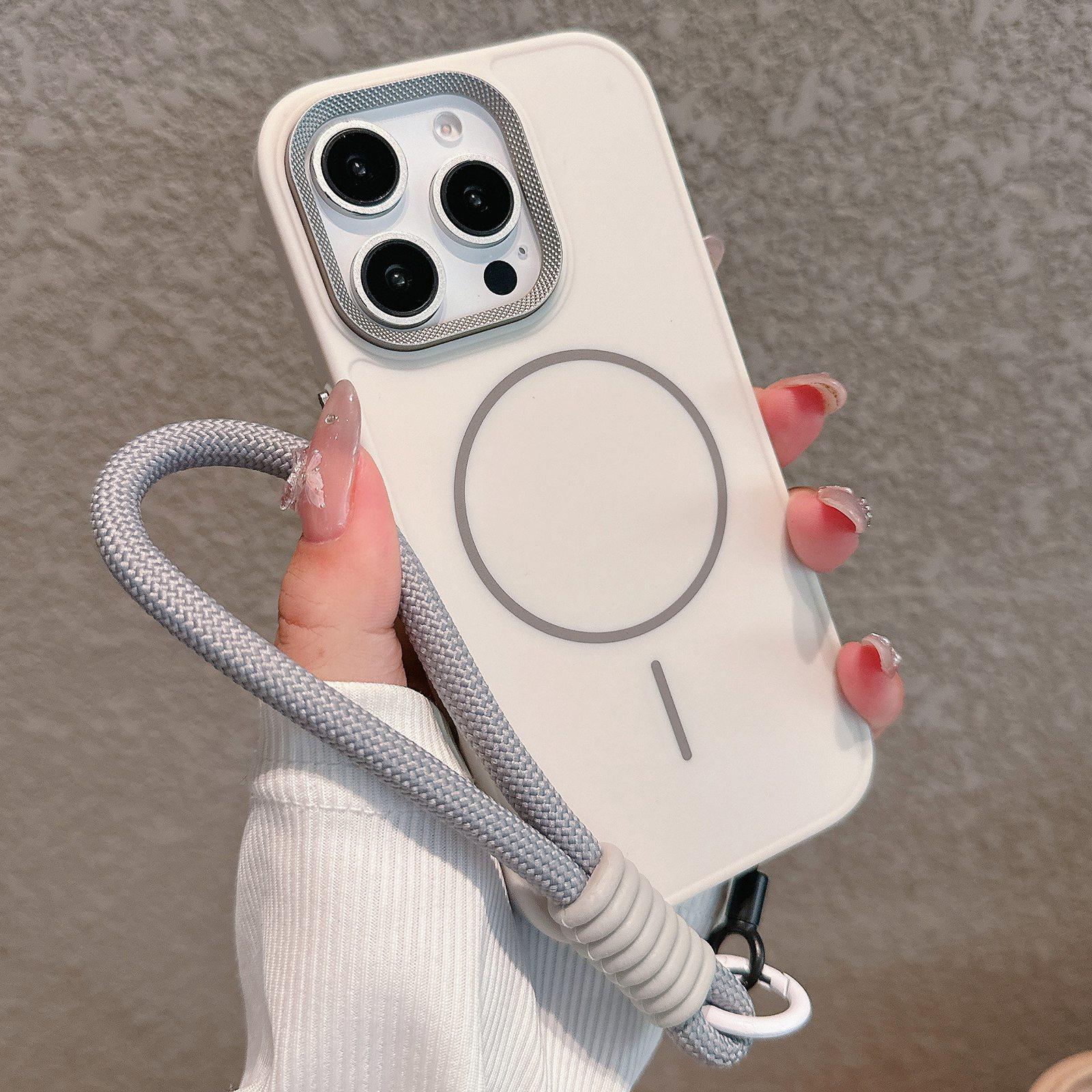 For iPhone 13 Pro Max Metal Diamond Texture Lens Frame MagSafe Phone Case with Lanyard(White) - Shopkiz.com
