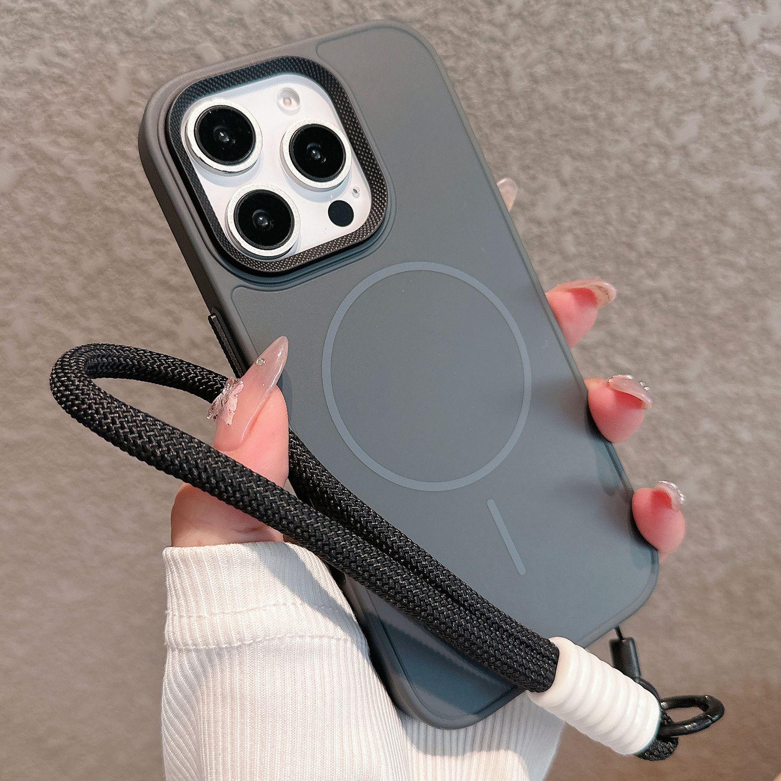 For iPhone 13 Pro Max Metal Diamond Texture Lens Frame MagSafe Phone Case with Lanyard(Black) - Shopkiz.com