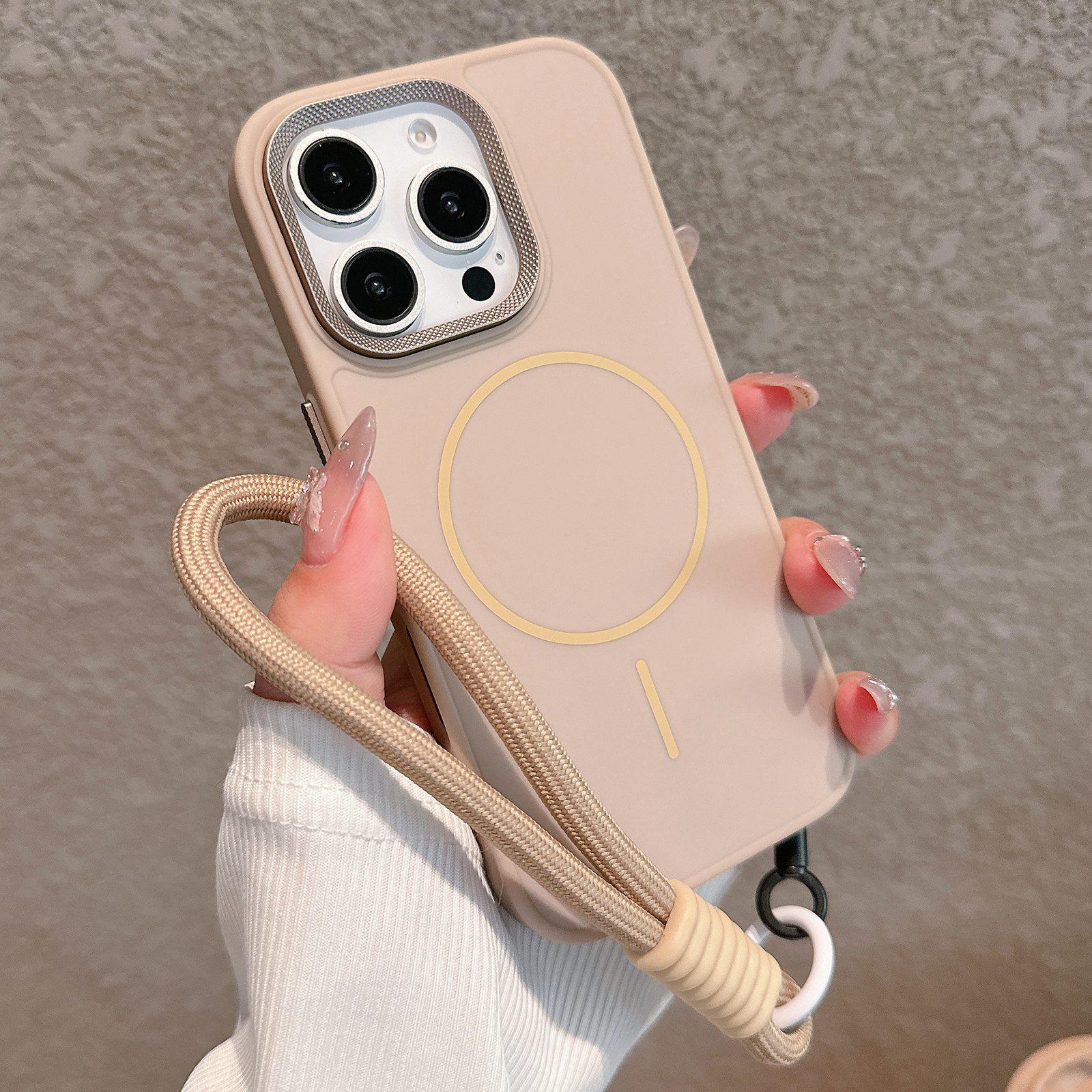 For iPhone 13 Pro Max Metal Diamond Texture Lens Frame MagSafe Phone Case with Lanyard(Khaki) - Shopkiz.com