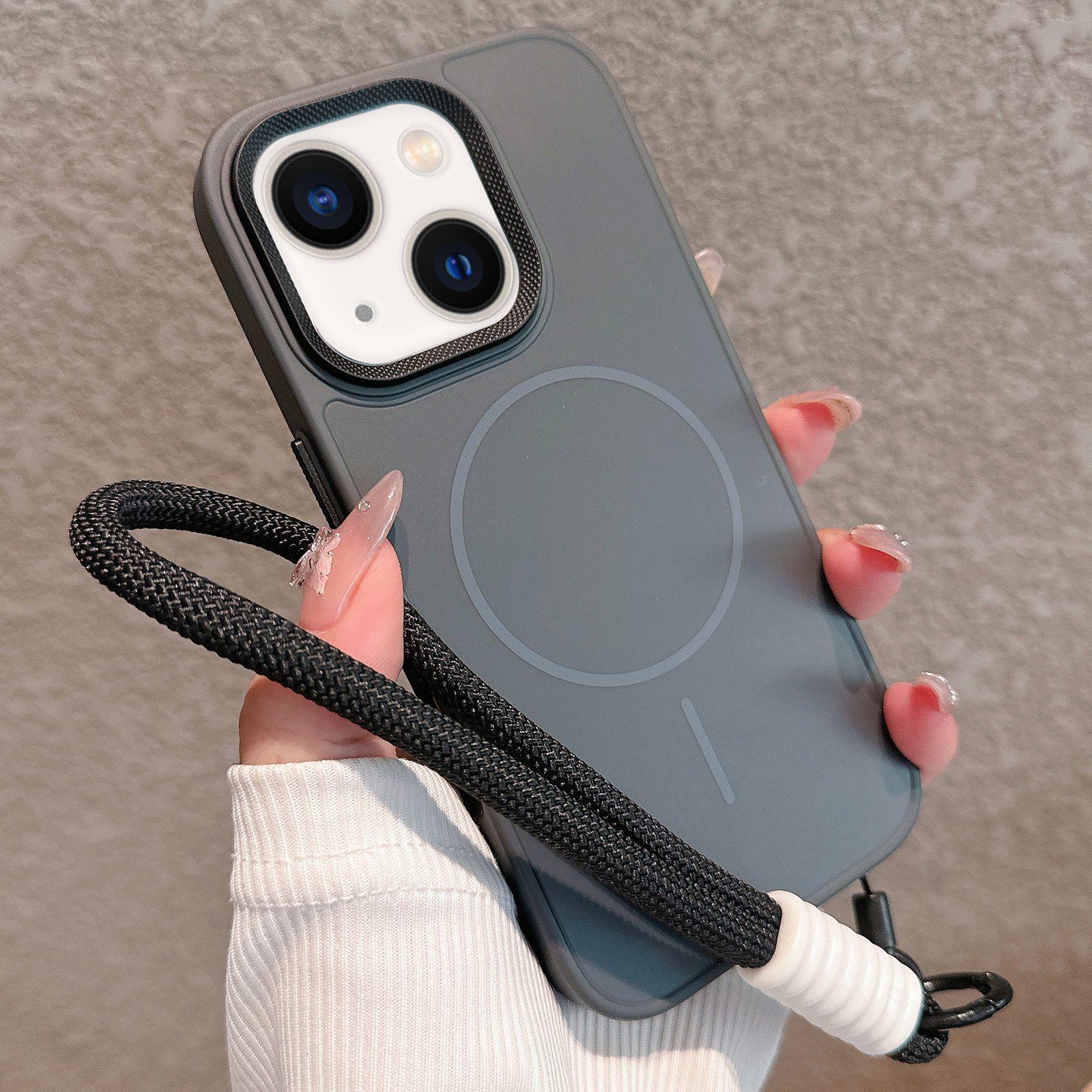 For iPhone 13 Metal Diamond Texture Lens Frame MagSafe Phone Case with Lanyard(Black) - Shopkiz.com