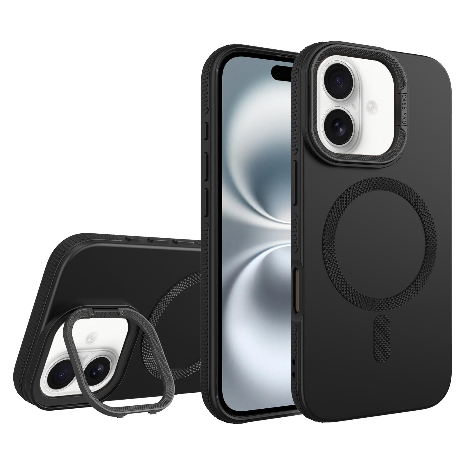 For iPhone 16 Plus Diamond Texture Lens Holder Skin Feel MagSafe Phone Case(Black) - Shopkiz.com