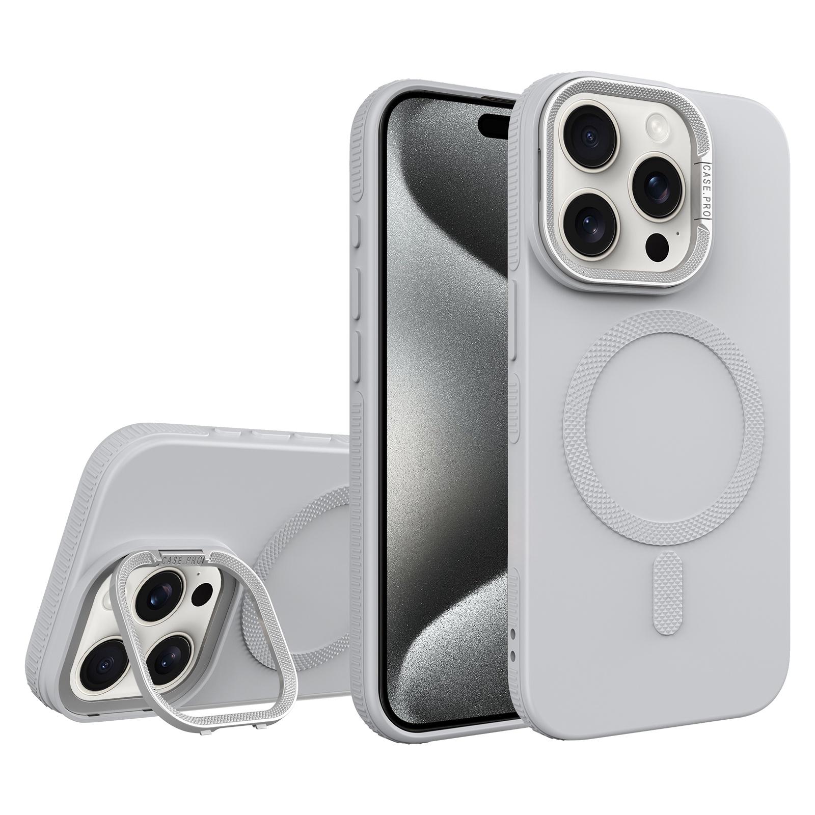 For iPhone 15 Pro Max Diamond Texture Lens Holder Skin Feel MagSafe Phone Case(Grey) - Shopkiz.com