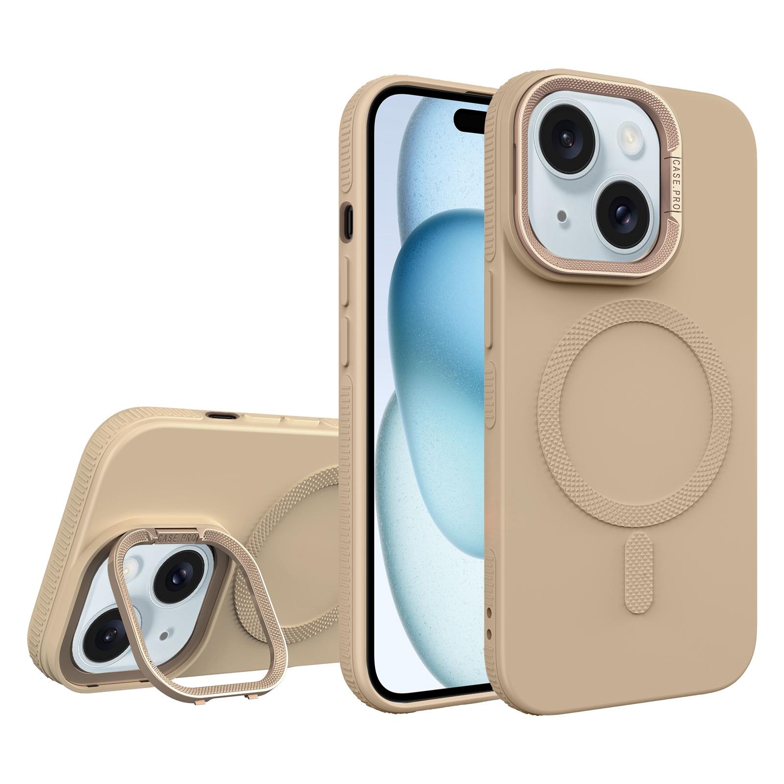 For iPhone 15 Plus Diamond Texture Lens Holder Skin Feel MagSafe Phone Case(Desert Gold) - Shopkiz.com