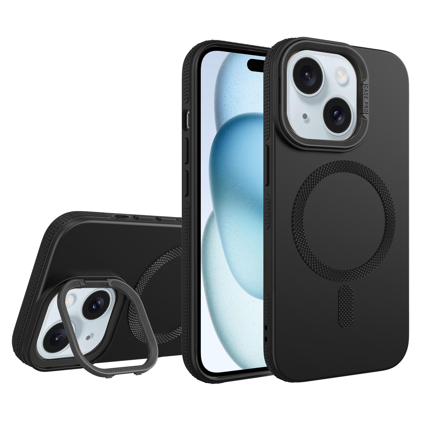 For iPhone 15 Diamond Texture Lens Holder Skin Feel MagSafe Phone Case(Black) - Shopkiz.com