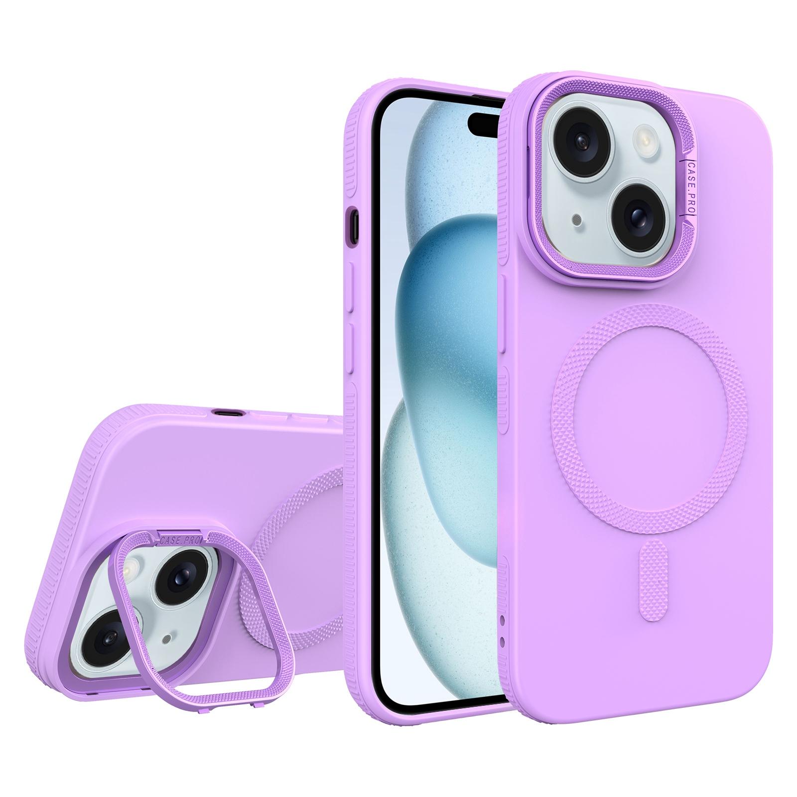 For iPhone 15 Diamond Texture Lens Holder Skin Feel MagSafe Phone Case(Purple) - Shopkiz.com