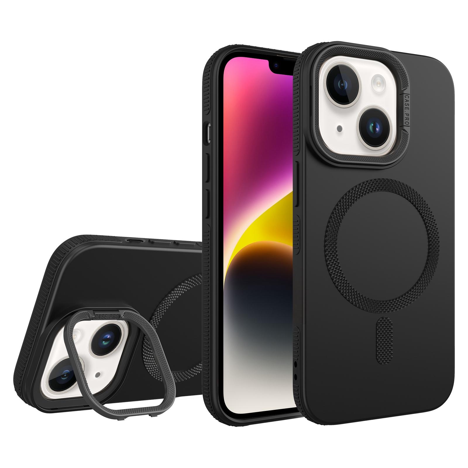 For iPhone 14 Diamond Texture Lens Holder Skin Feel MagSafe Phone Case(Black) - Shopkiz.com
