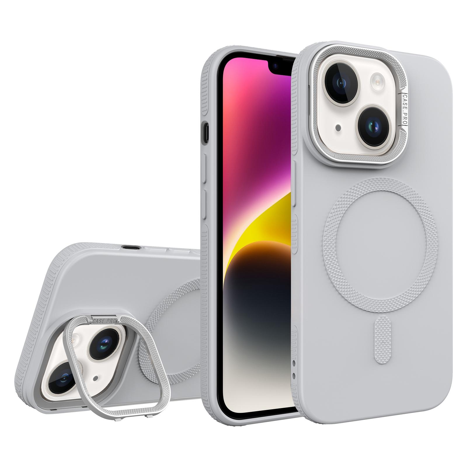 For iPhone 14 Diamond Texture Lens Holder Skin Feel MagSafe Phone Case(Grey) - Shopkiz.com