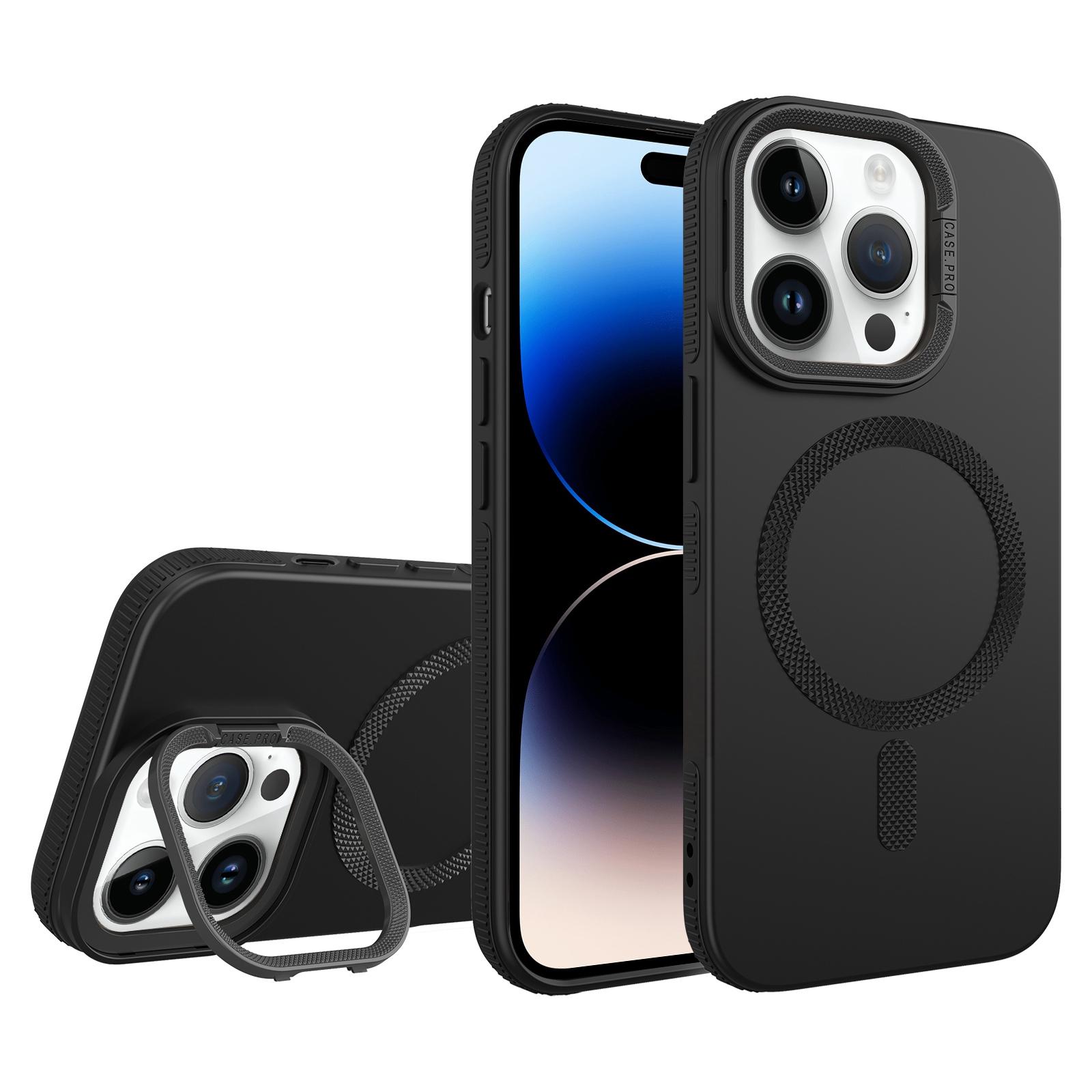 For iPhone 14 Pro Diamond Texture Lens Holder Skin Feel MagSafe Phone Case(Black) - Shopkiz.com