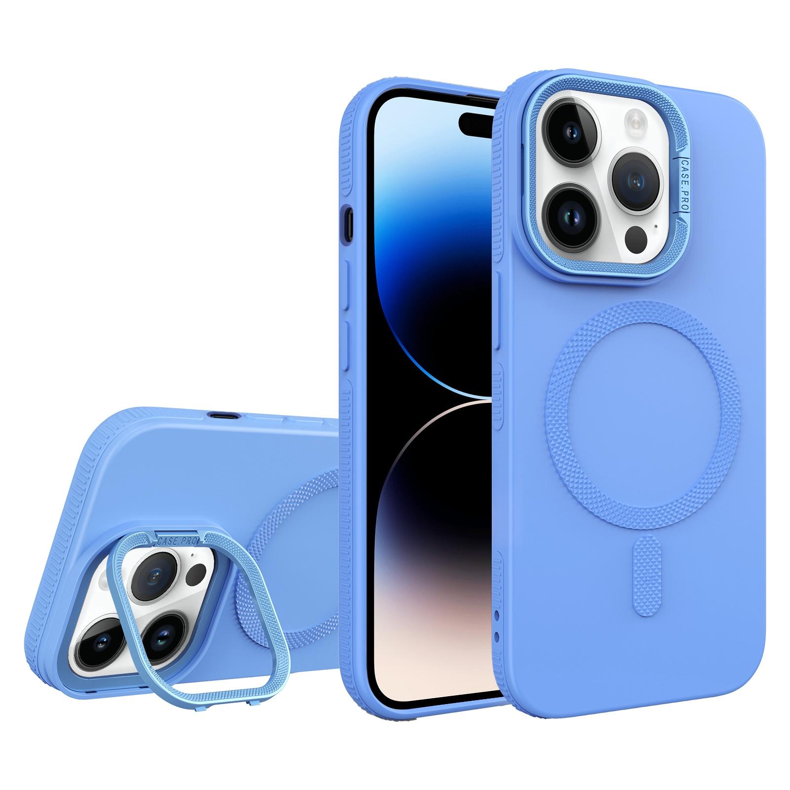 For iPhone 14 Pro Max Diamond Texture Lens Holder Skin Feel MagSafe Phone Case(Sierra Blue) - Shopkiz.com