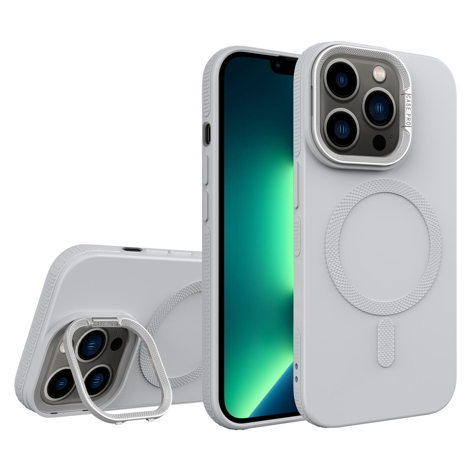 For iPhone 13 Pro Max Diamond Texture Lens Holder Skin Feel MagSafe Phone Case(Grey) - Shopkiz.com