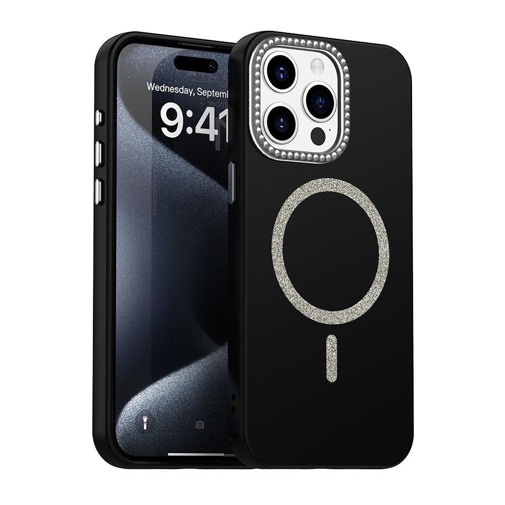 For iPhone 15 Pro Max Glitter Rhinestones Series Magsafe PC Hybrid TPU Phone Case(Black) - Shopkiz.com