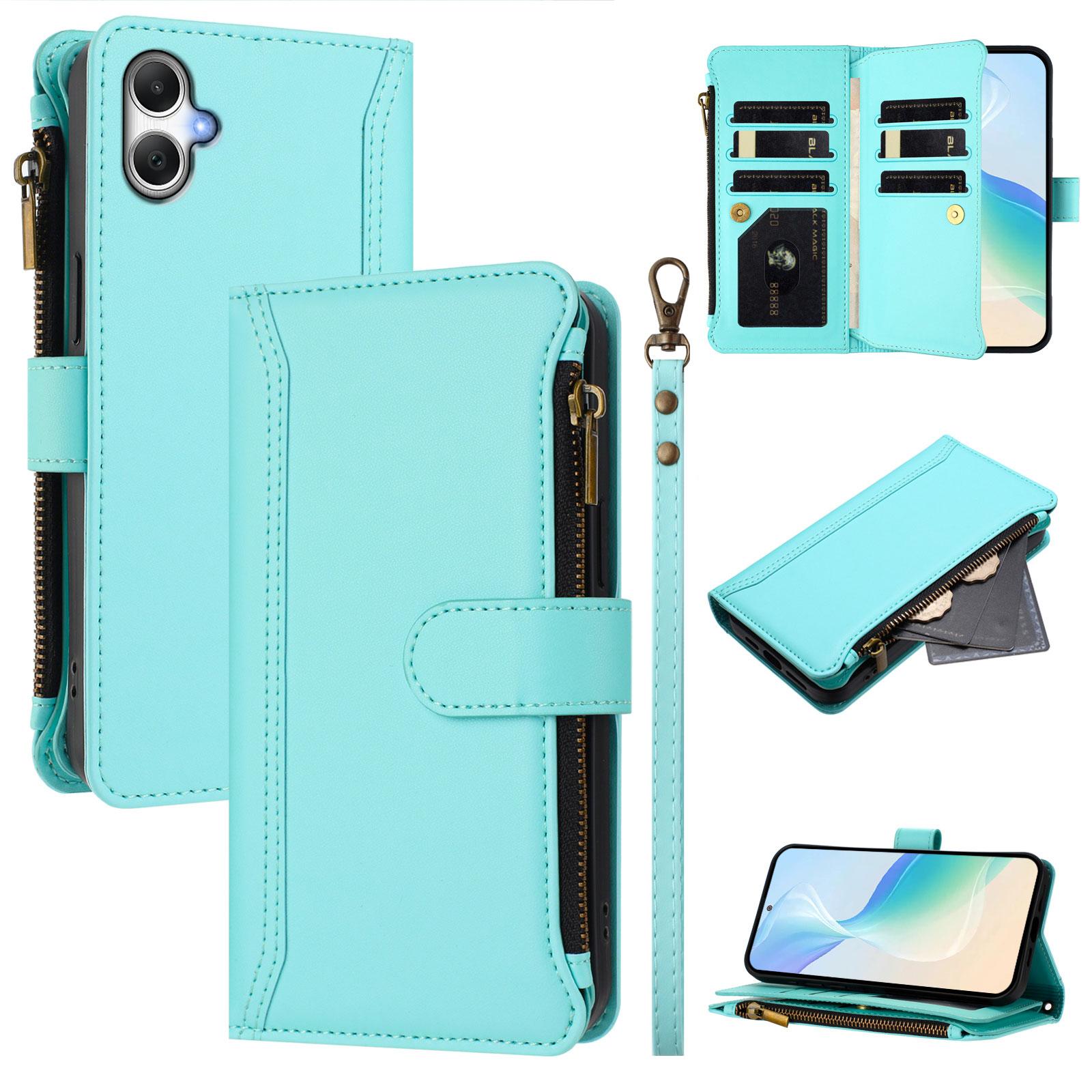 For Samsung Galaxy A06 4G / 5G Magnetic Closure 9 Card Slots Zipper Leather Case with Hand Strap(Mint Green)