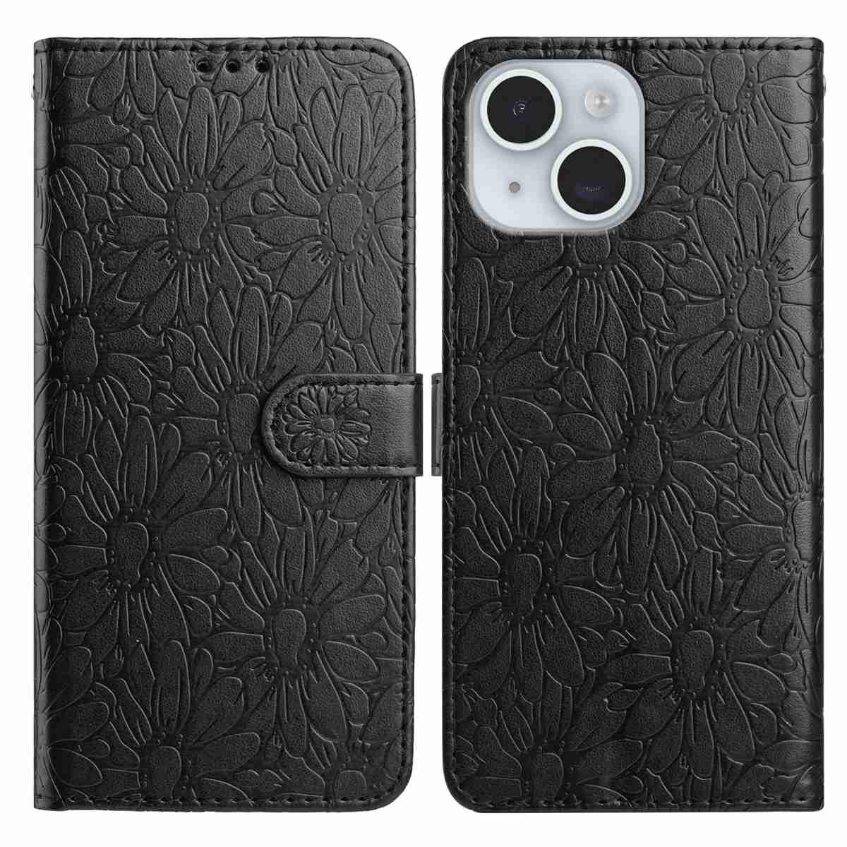 For iPhone 15 Plus Daisy Embossed Leather Phone Case(Black)