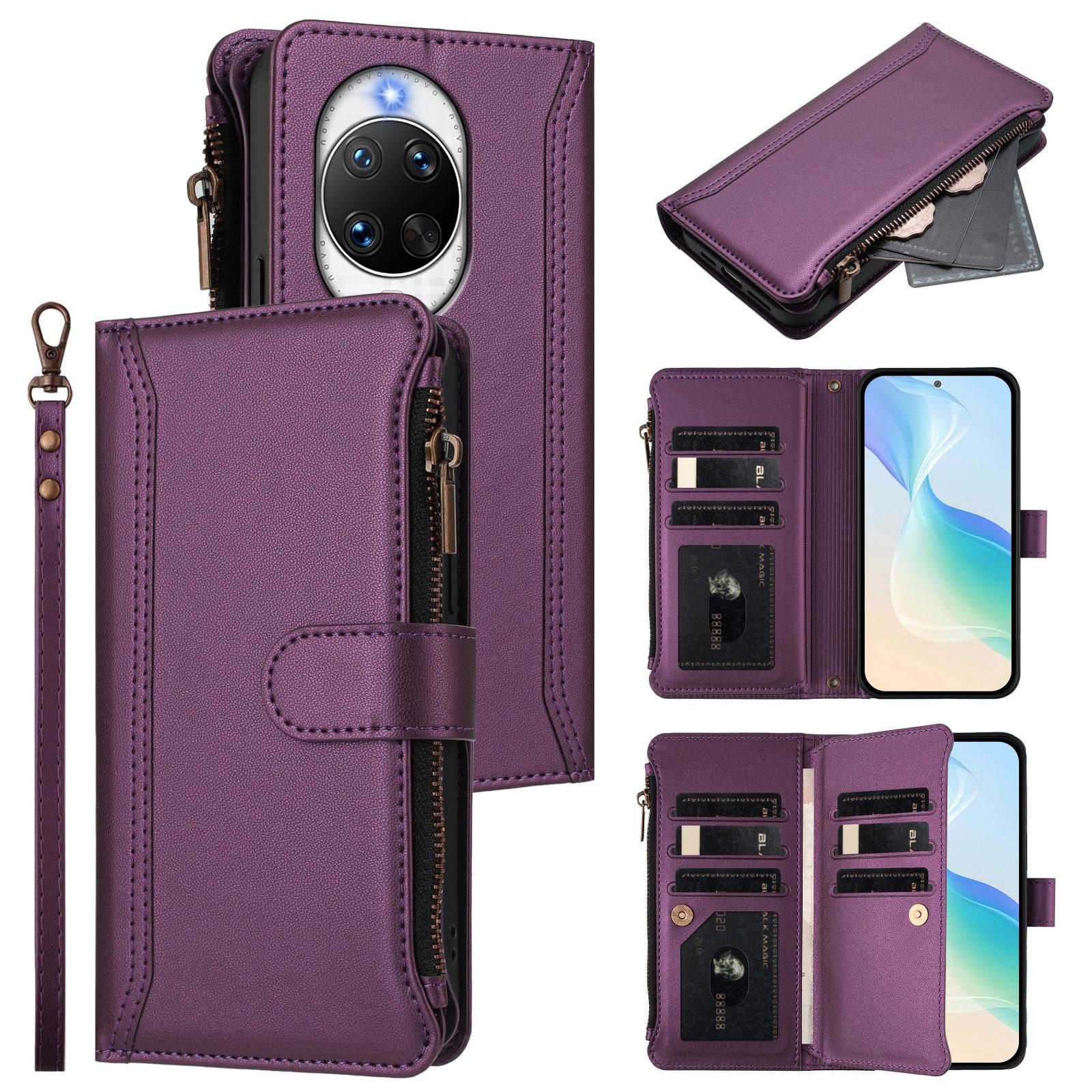 For Huawei nova 14 Pro Magnetic Closure 9 Card Slots Zipper Leather Case with Hand Strap(Purple)