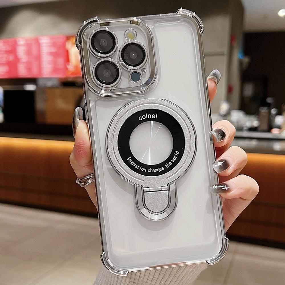 For iPhone 15 Pro Max Space Shield MagSafe Holder Shockproof Phone Case(Silver) - Shopkiz.com