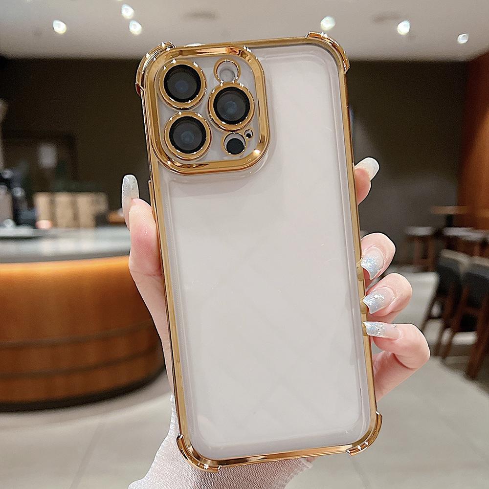 For iPhone 16 Pro Electroplating Space TPU Four-corner Shockproof Phone Case with Lens Film(Desert Gold) - Shopkiz.com
