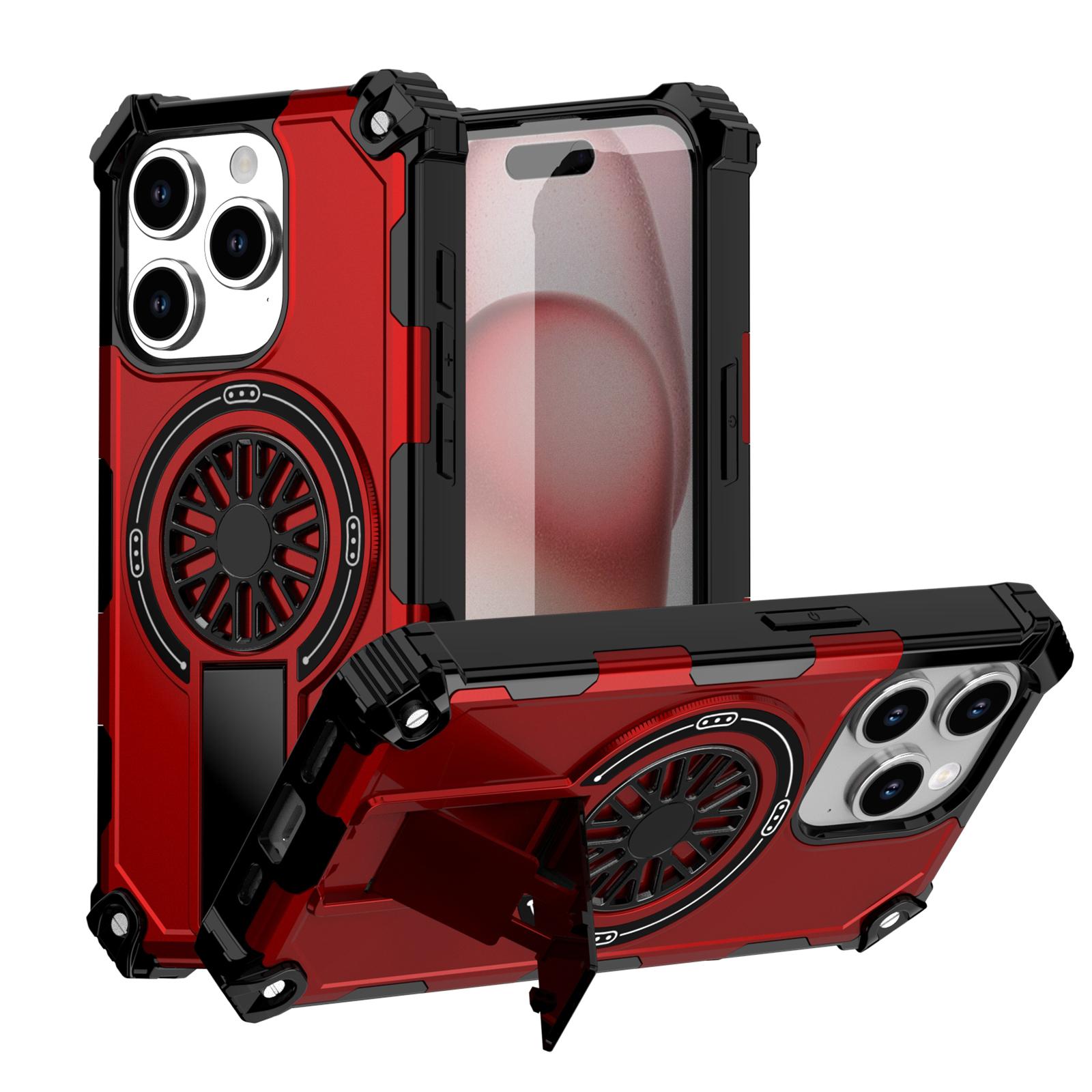 For iPhone 15 Pro Shockproof Kickstand Metallic Shaft MagSafe Phone Case(Red) - Shopkiz.com