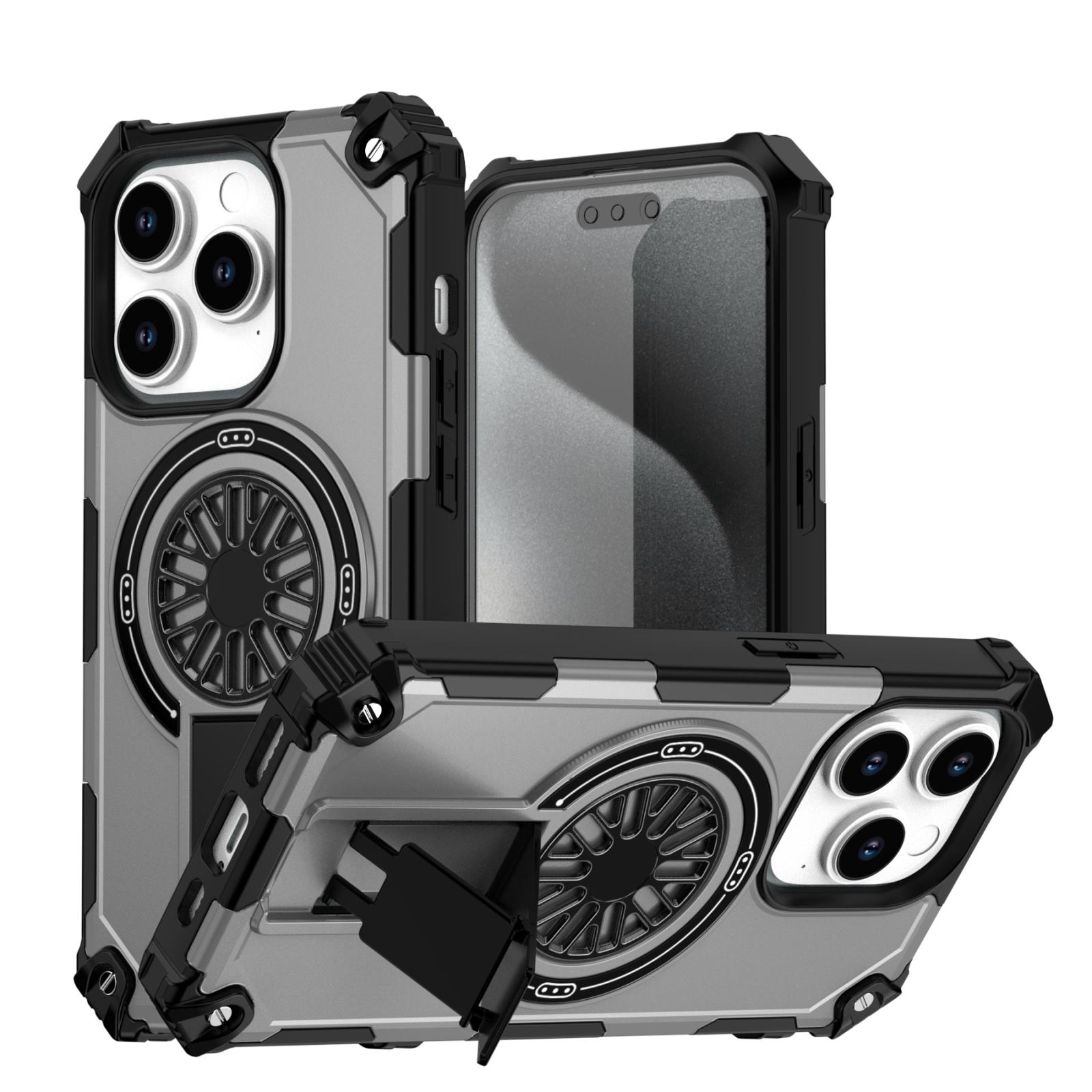For iPhone 14 Pro Shockproof Kickstand Metallic Shaft MagSafe Phone Case(Silver) - Shopkiz.com