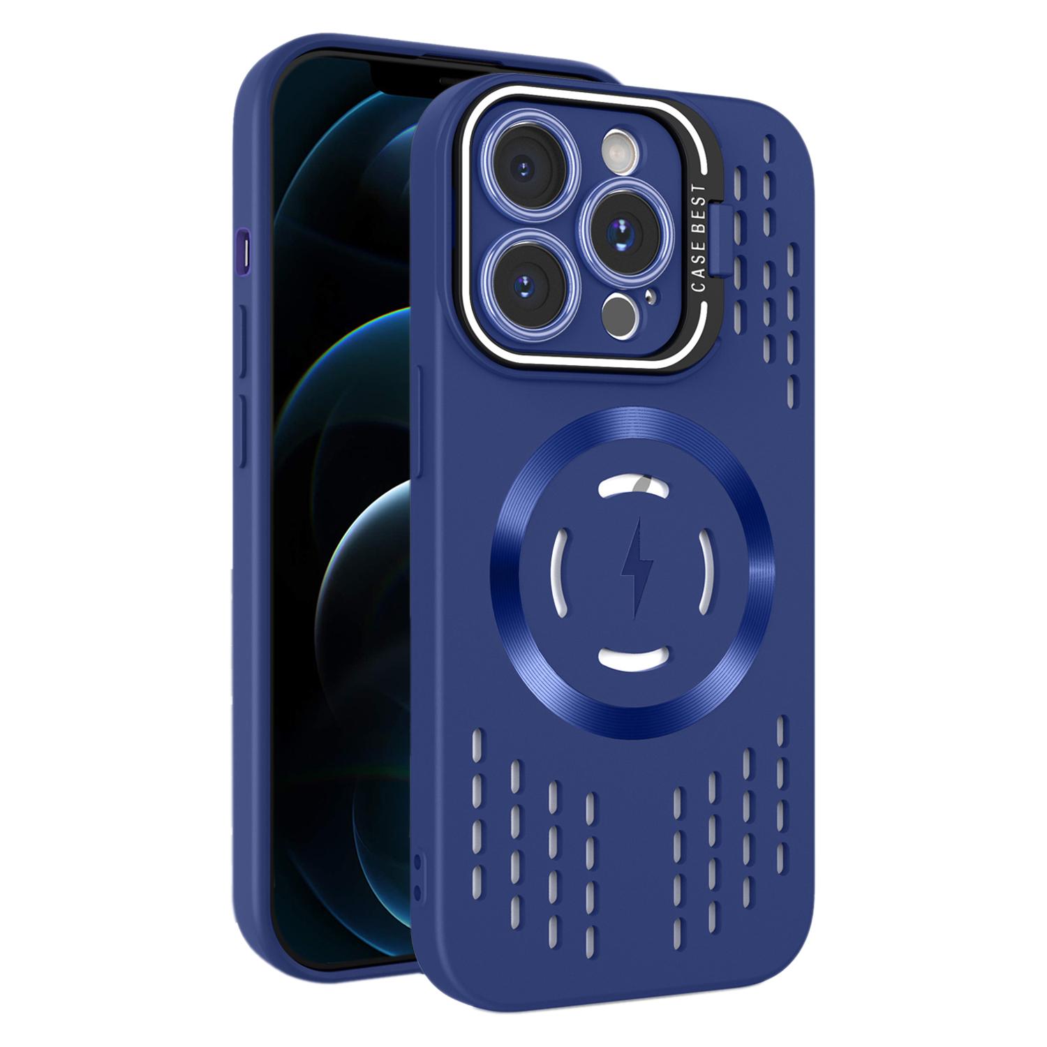 For iPhone 12 Pro Max Lens Holder MagSafe Cooling Phone Case(Royal Blue) - Shopkiz.com