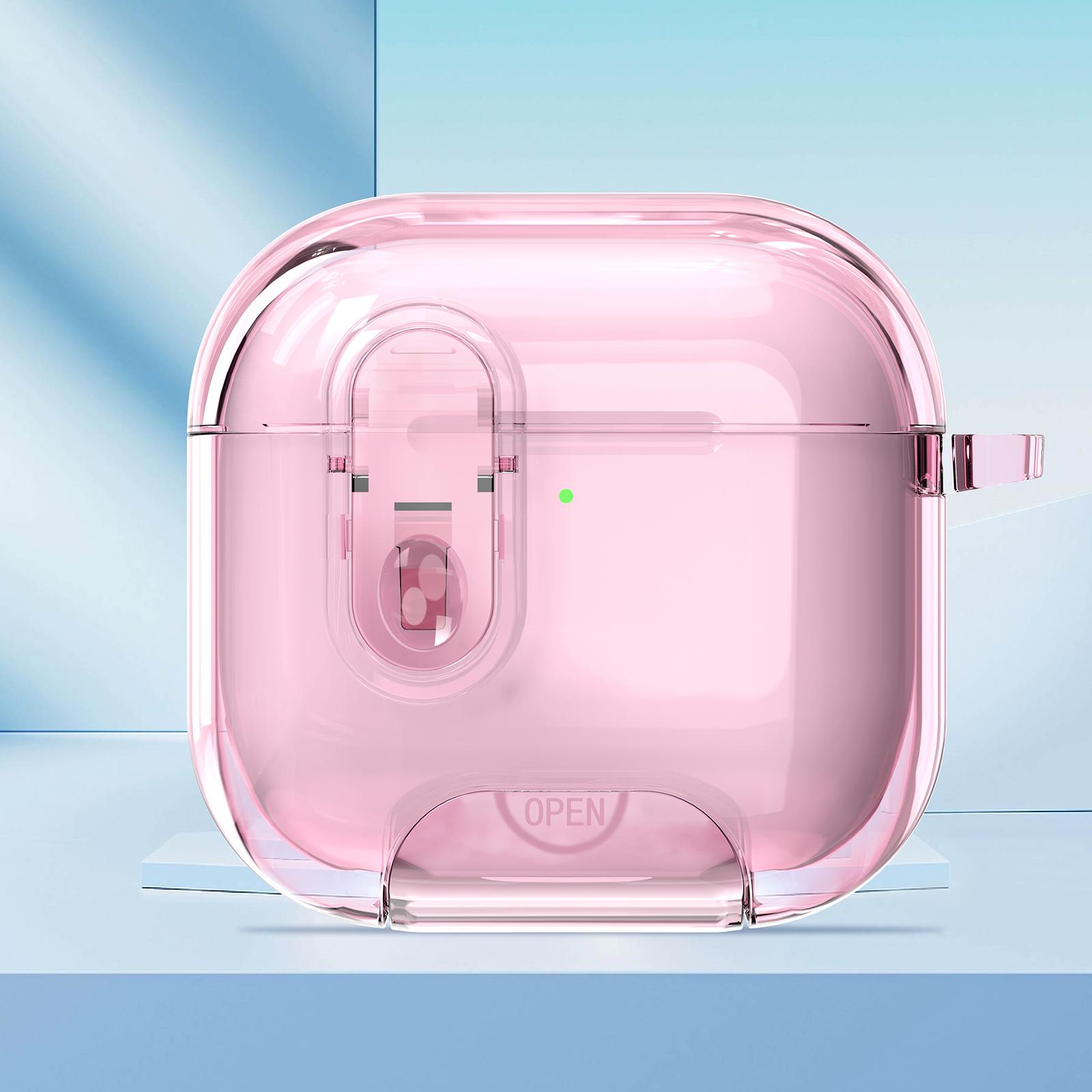 For AirPods 4 Clear Armor Security Lock Wireless Earphones Case with Hook & Holder(Transparent Pink) - Shopkiz.com