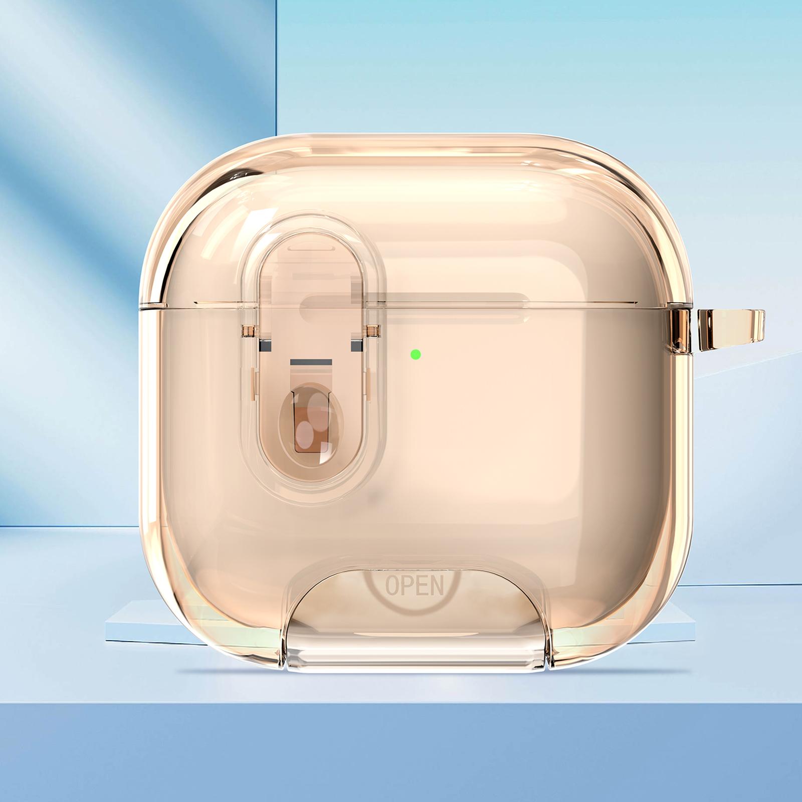 For AirPods 4 Clear Armor Security Lock Wireless Earphones Case with Hook & Holder(Transparent Gold) - Shopkiz.com