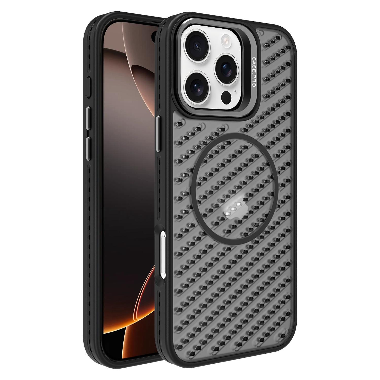 For iPhone 16 Pro Max O-Shape Hollow Cooling Lens Holder MagSafe Phone Case(Black) - Shopkiz.com