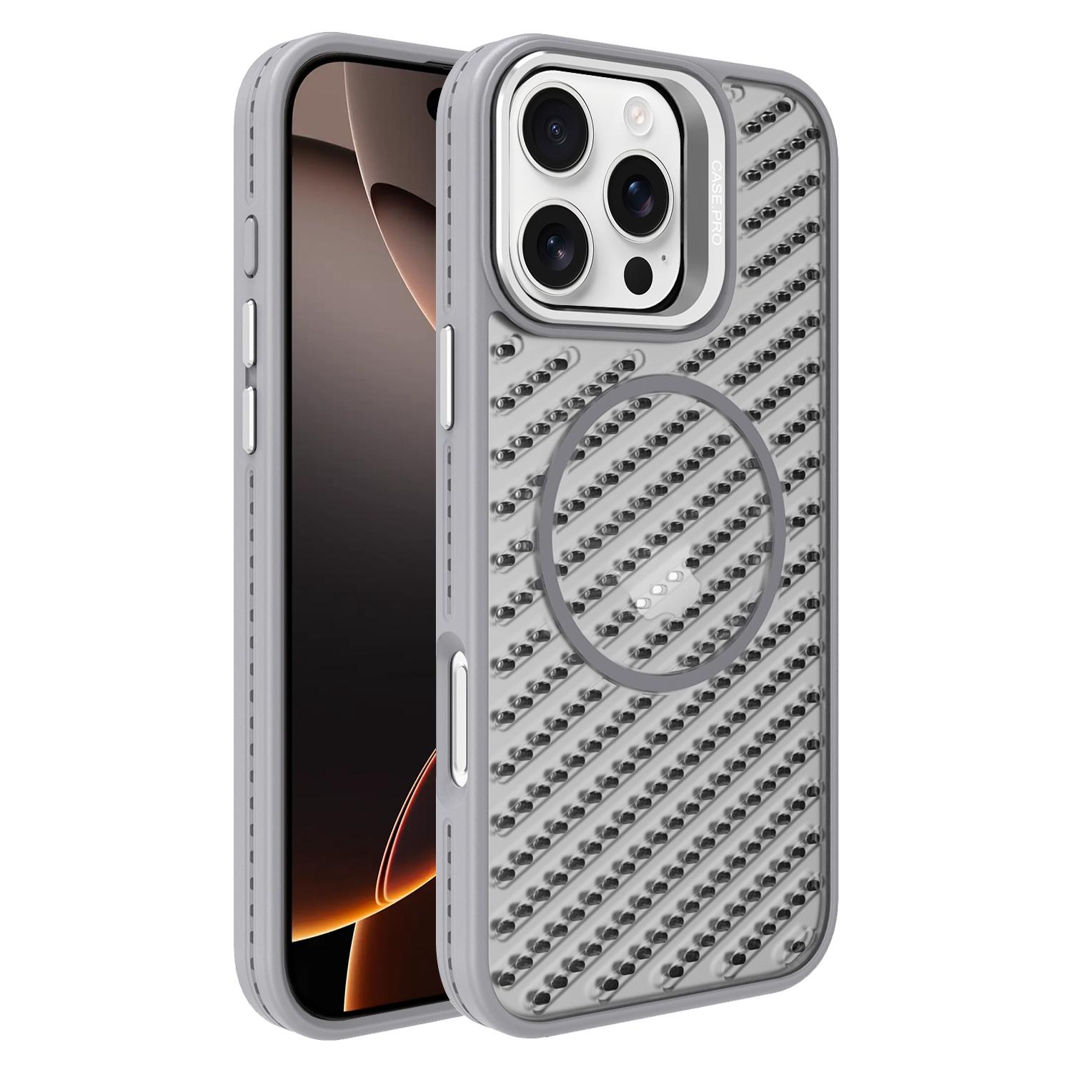 For iPhone 16 Pro O-Shape Hollow Cooling Lens Holder MagSafe Phone Case(Grey) - Shopkiz.com