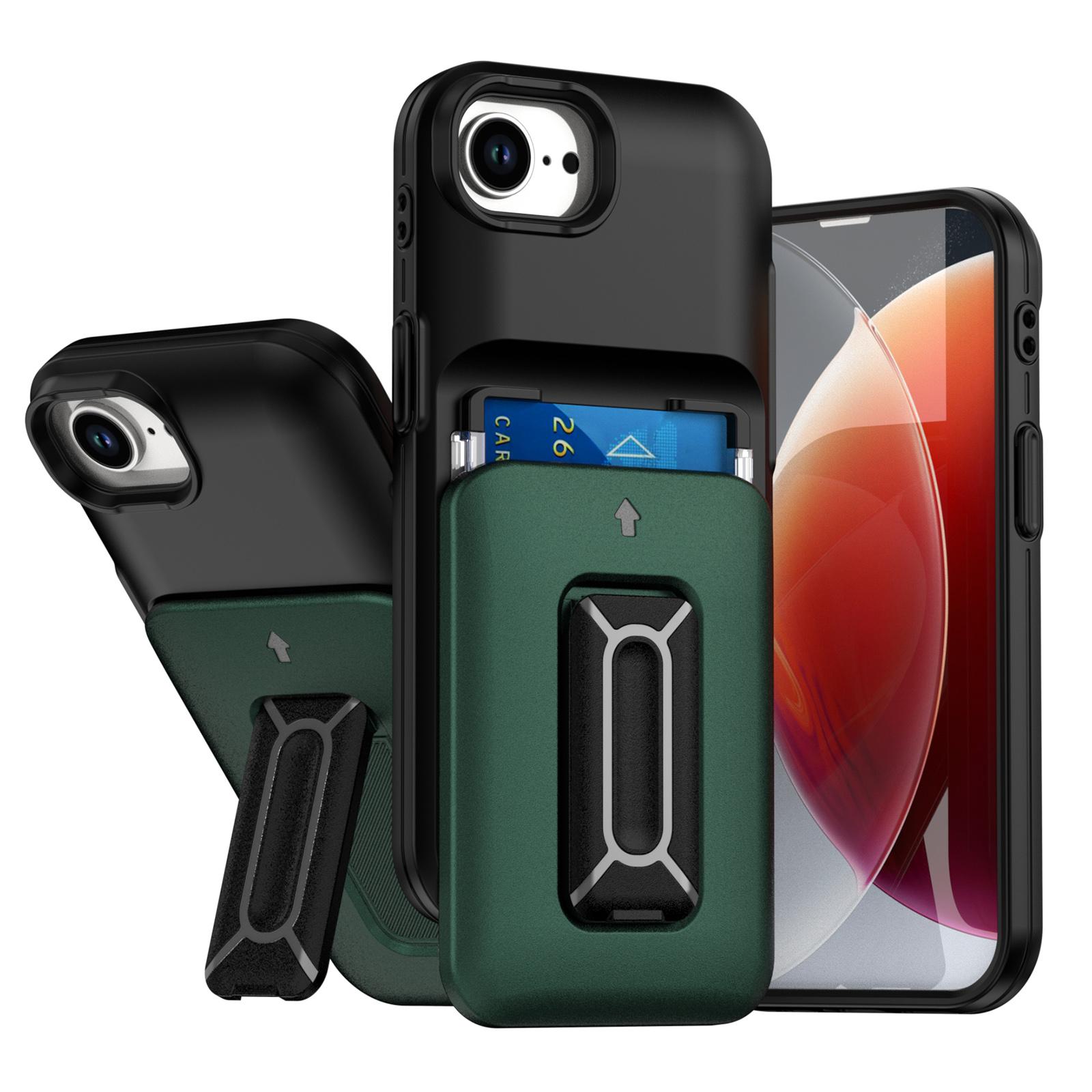 For iPhone 17e / 16e Sliding Card Holder Integrated Phone Case with Kickstand(Black Green) - Shopkiz.com