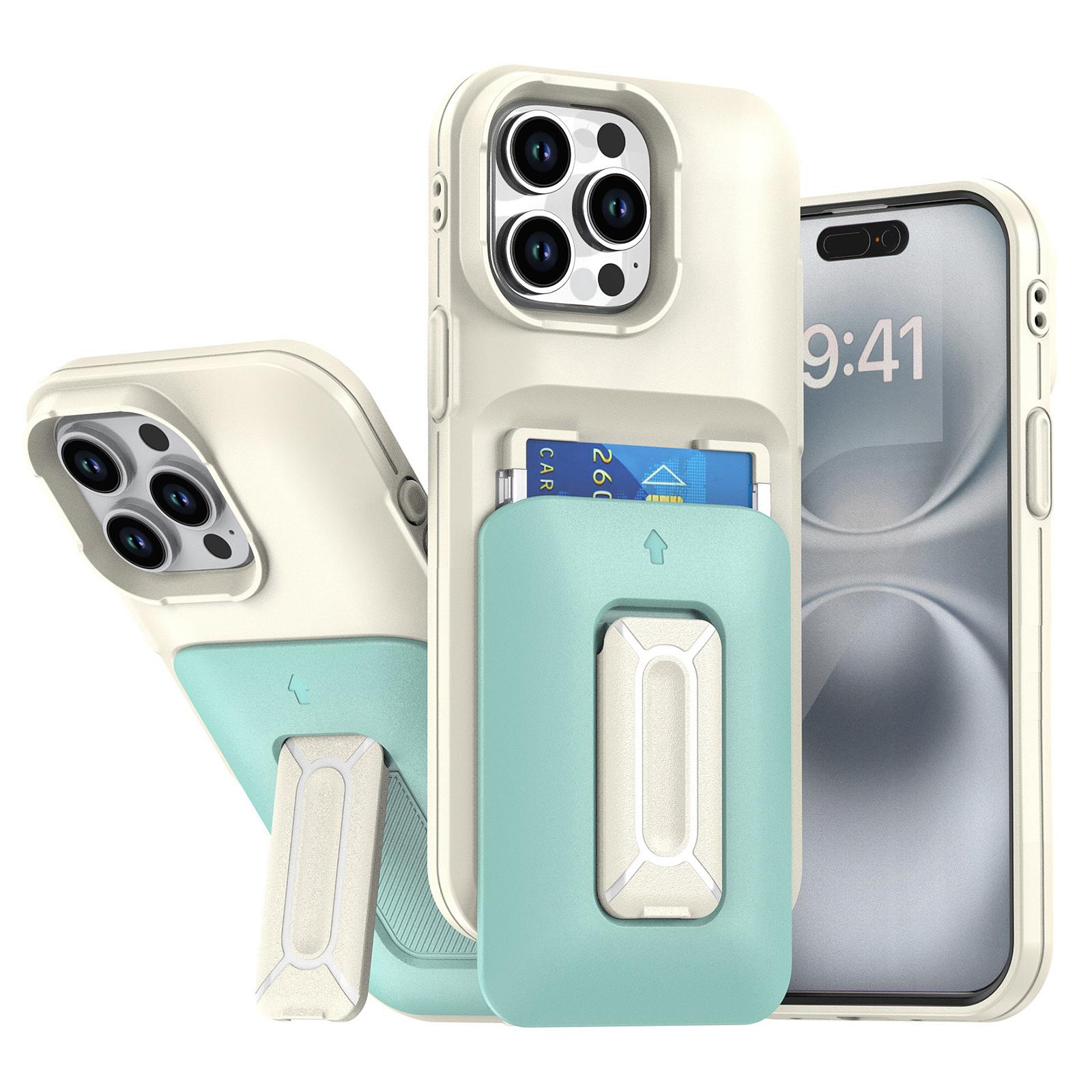 For iPhone 15 Pro Max Sliding Card Holder Integrated Phone Case with Kickstand(Beige Green) - Shopkiz.com